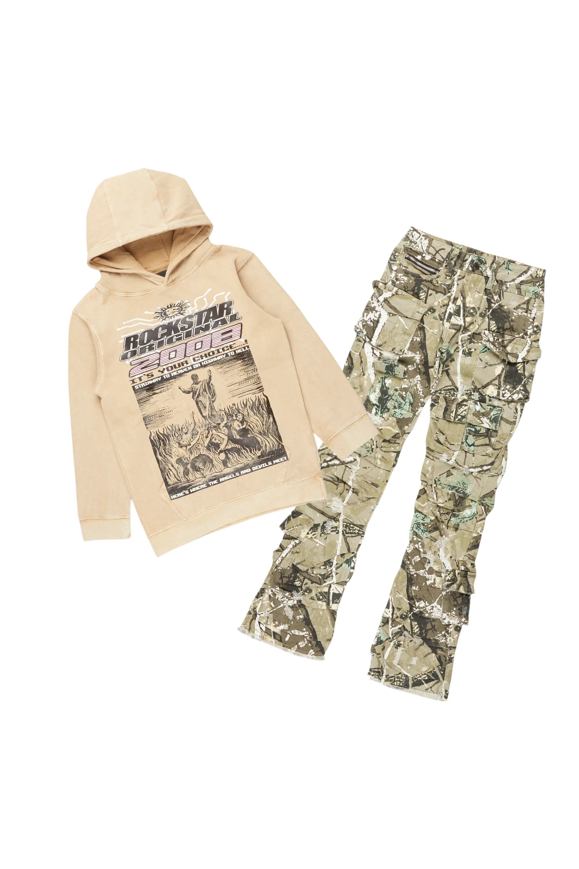 Boys Luxton Vintage Beige/Tree Camo Hoodie/Stacked Flare Jean Set Cclassic Men's Tweed