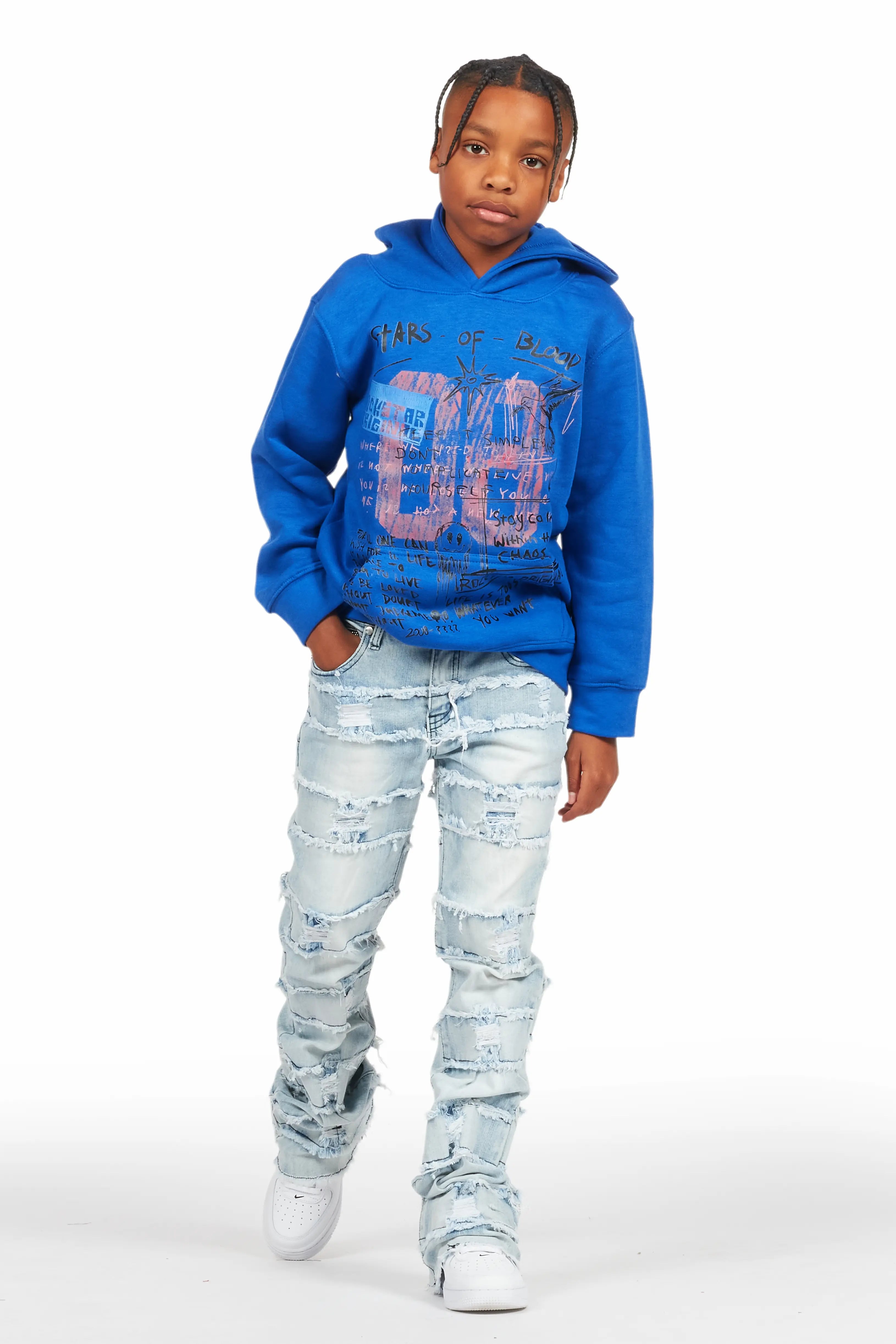 Boys Gabin Royal/Light Blue Hoodie/Stacked Flare Jean Set Stylish Men's Neon