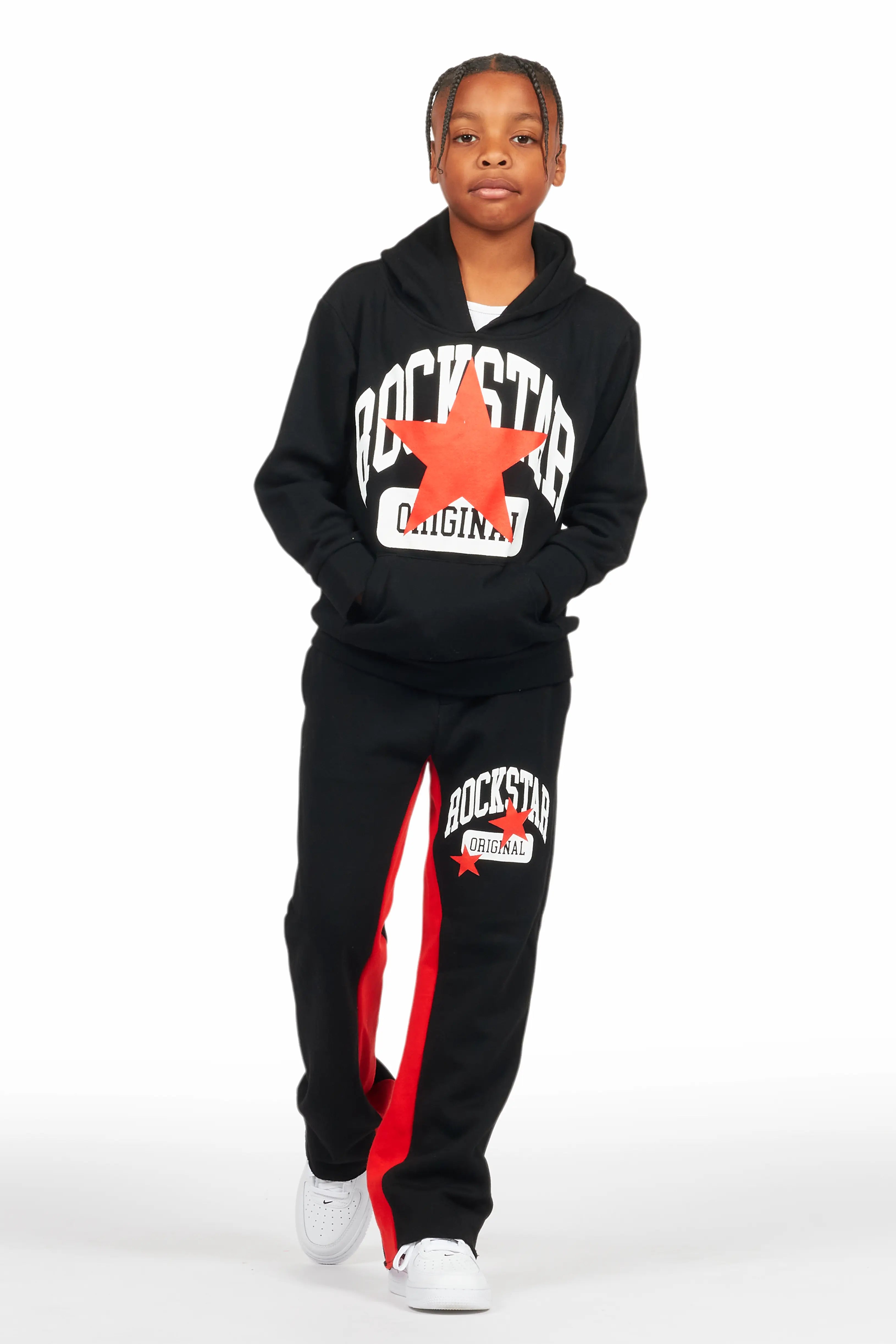 Boys Mallor Black/Red Baggy Stacked Hoodie Track Set Trendy Men's Bucket