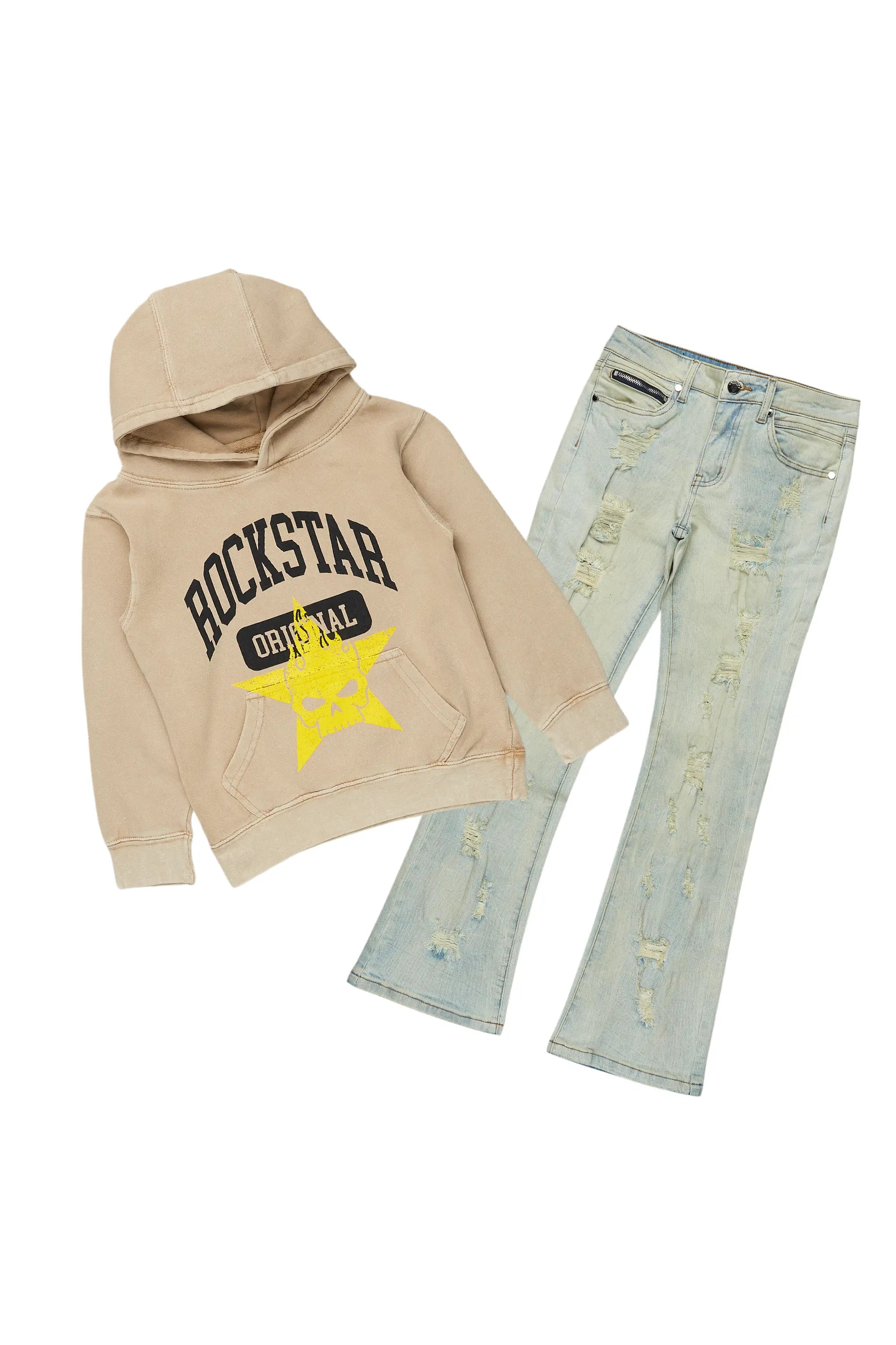 Girls Jilie Vintage Beige Hoodie/Stacked Flare Jean Set Bold Men's Statement