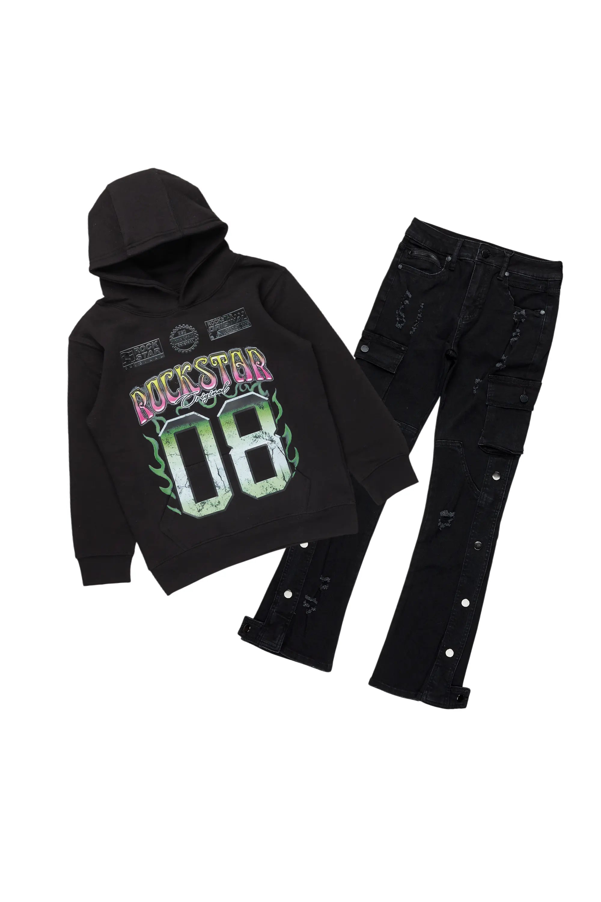 Boys Quito Black Hoodie/Stacked Flare Jean Set Masculine Men's Thick