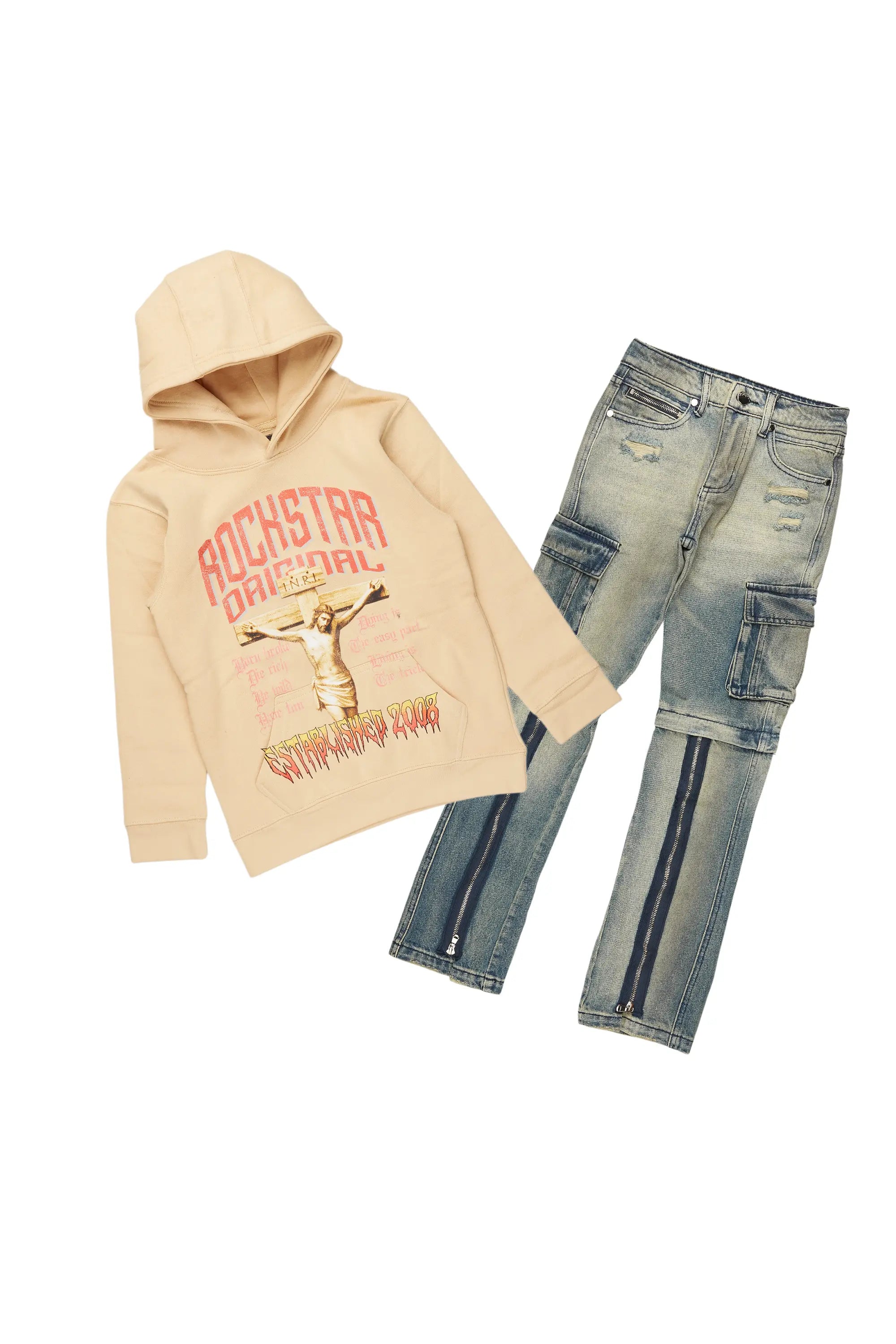 Boys Hayes Beige Hoodie/Stacked Flare Jean Set Monochromatic All