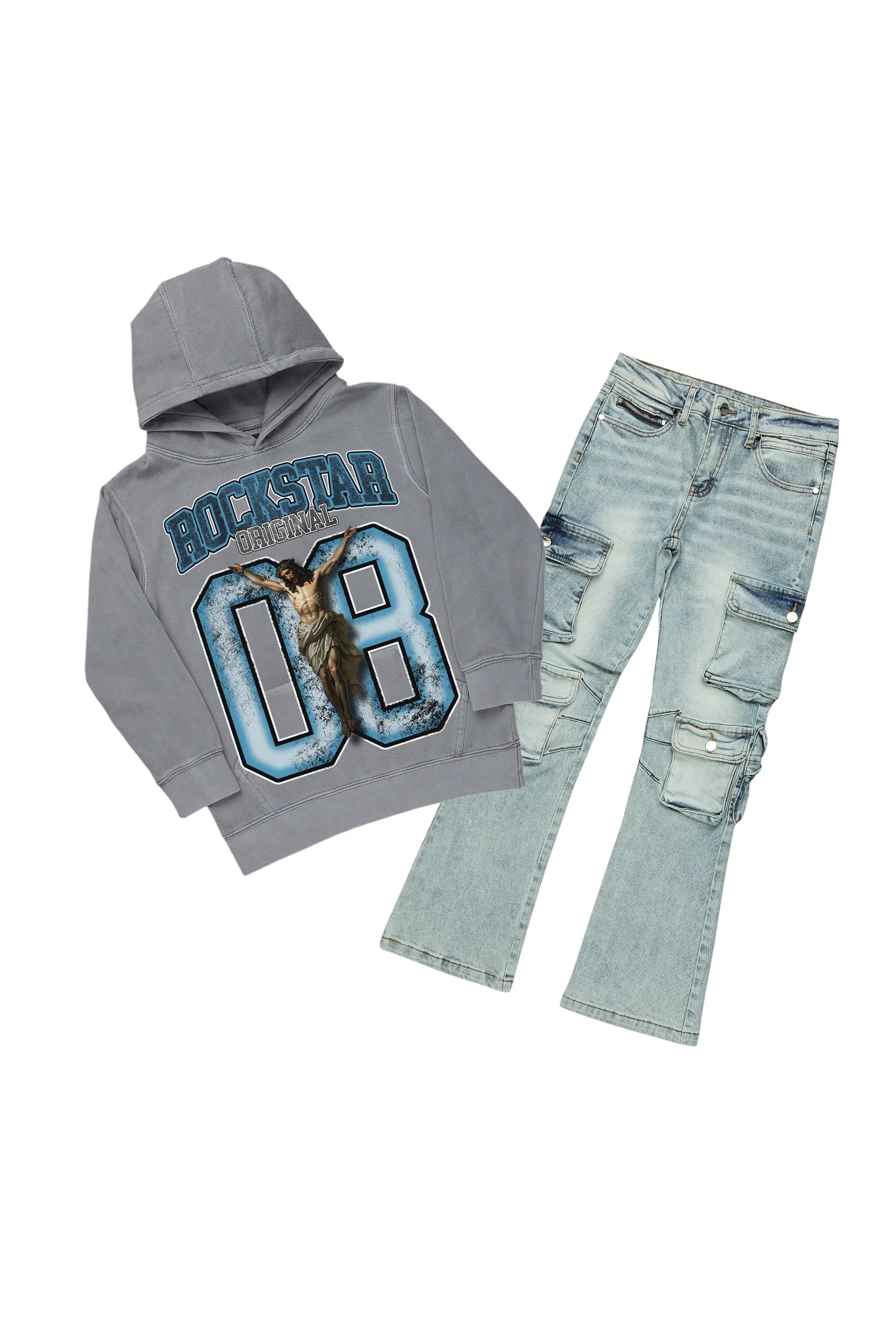 Boys Fields Vintage Grey/Blue Hoodie/Stacked Flare Jean Set Sporty Men's Athleisure 