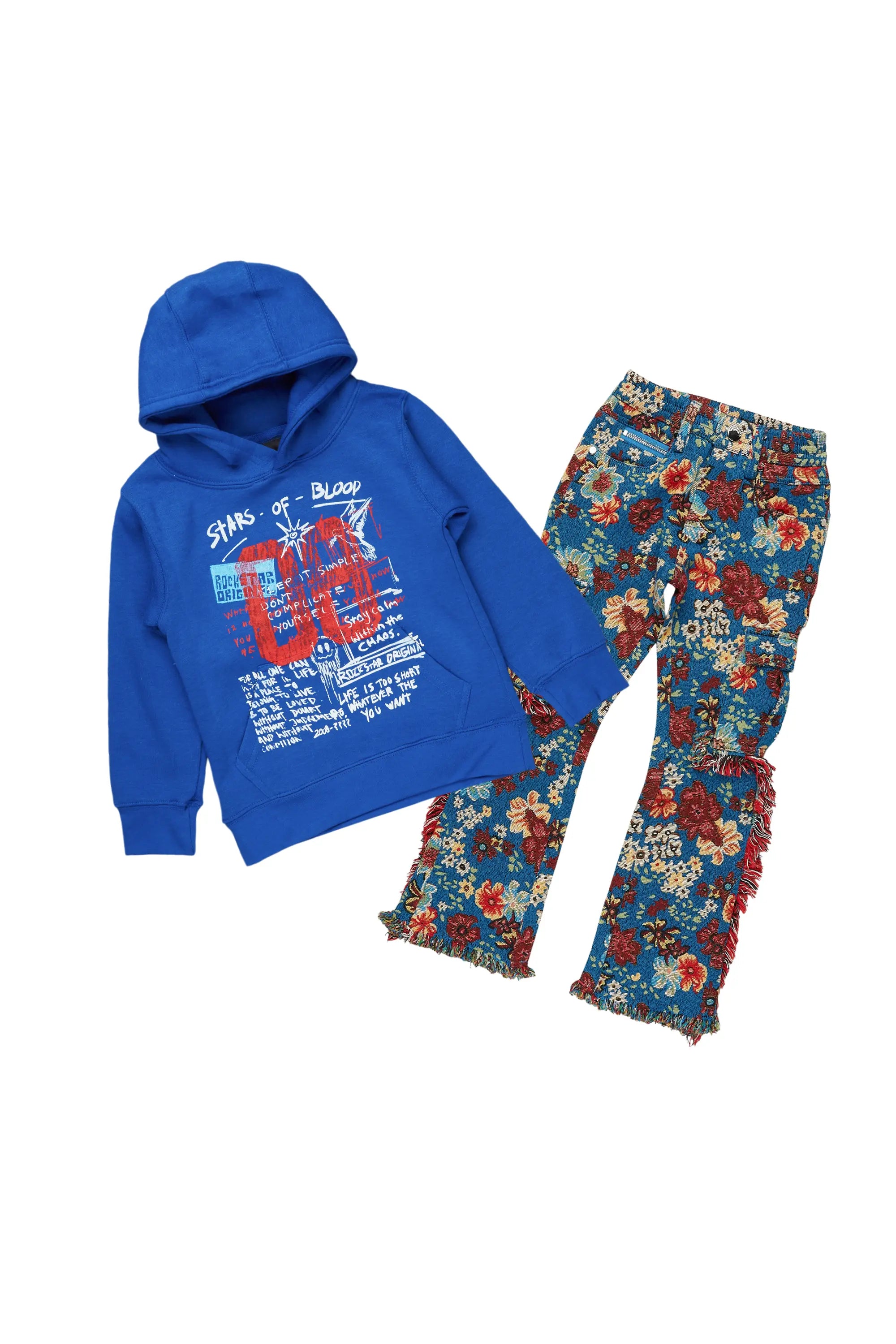 Boys Gabin Royal/Blue Multi Hoodie/Stack Flare Jean Set Traditional Men's Wool