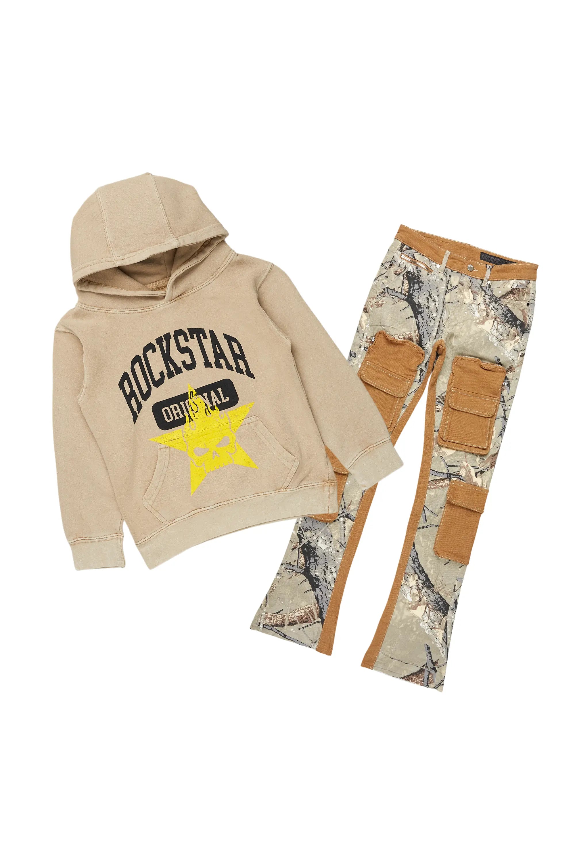 Boys Semaj Vintage Beige/Camo Hoodie/Stacked Flare Jean Set Youthful Men's Pop