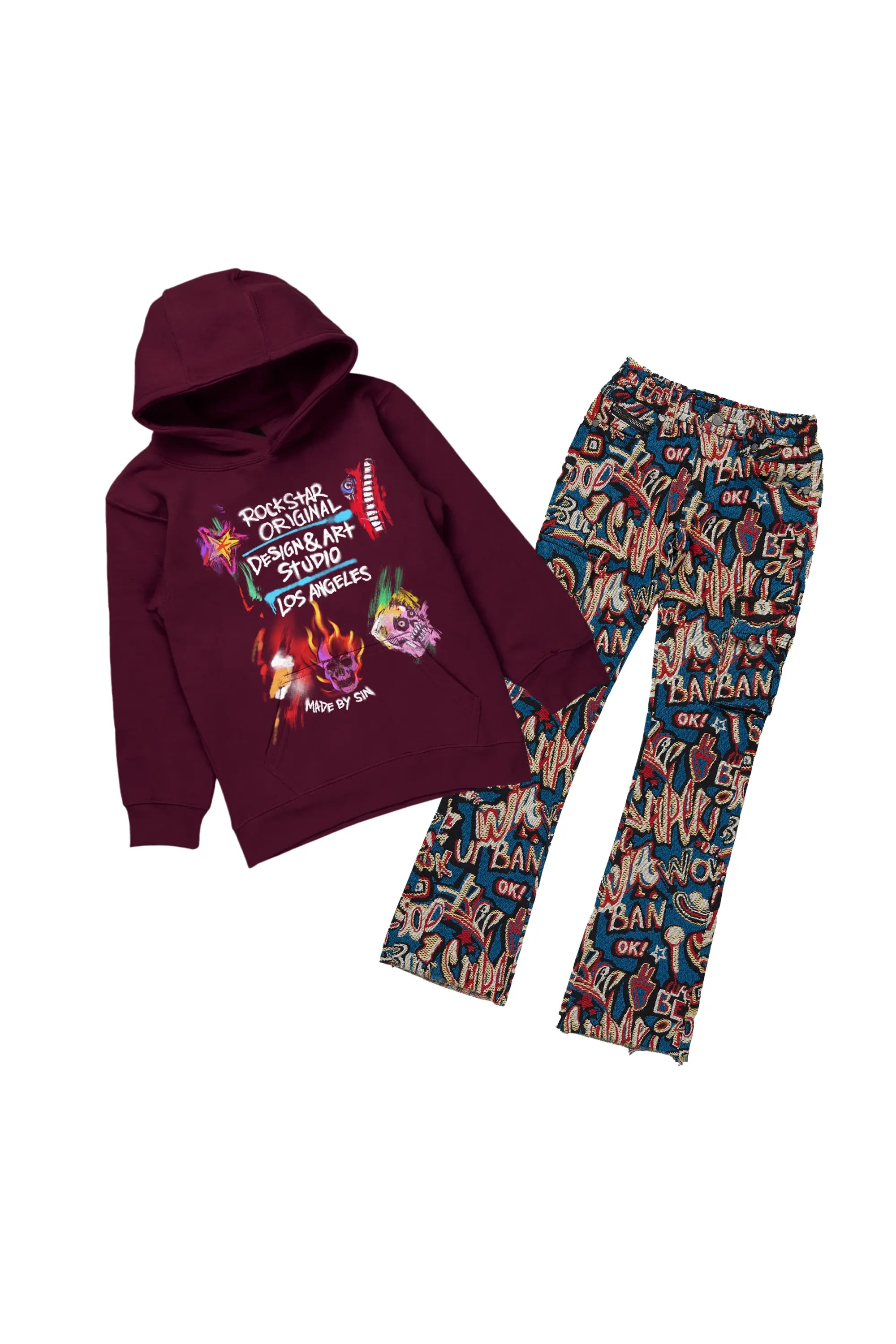 Boys Soweto Maroon Hoodie/Stack Flare Jean Set Elegant Men's Cashmere