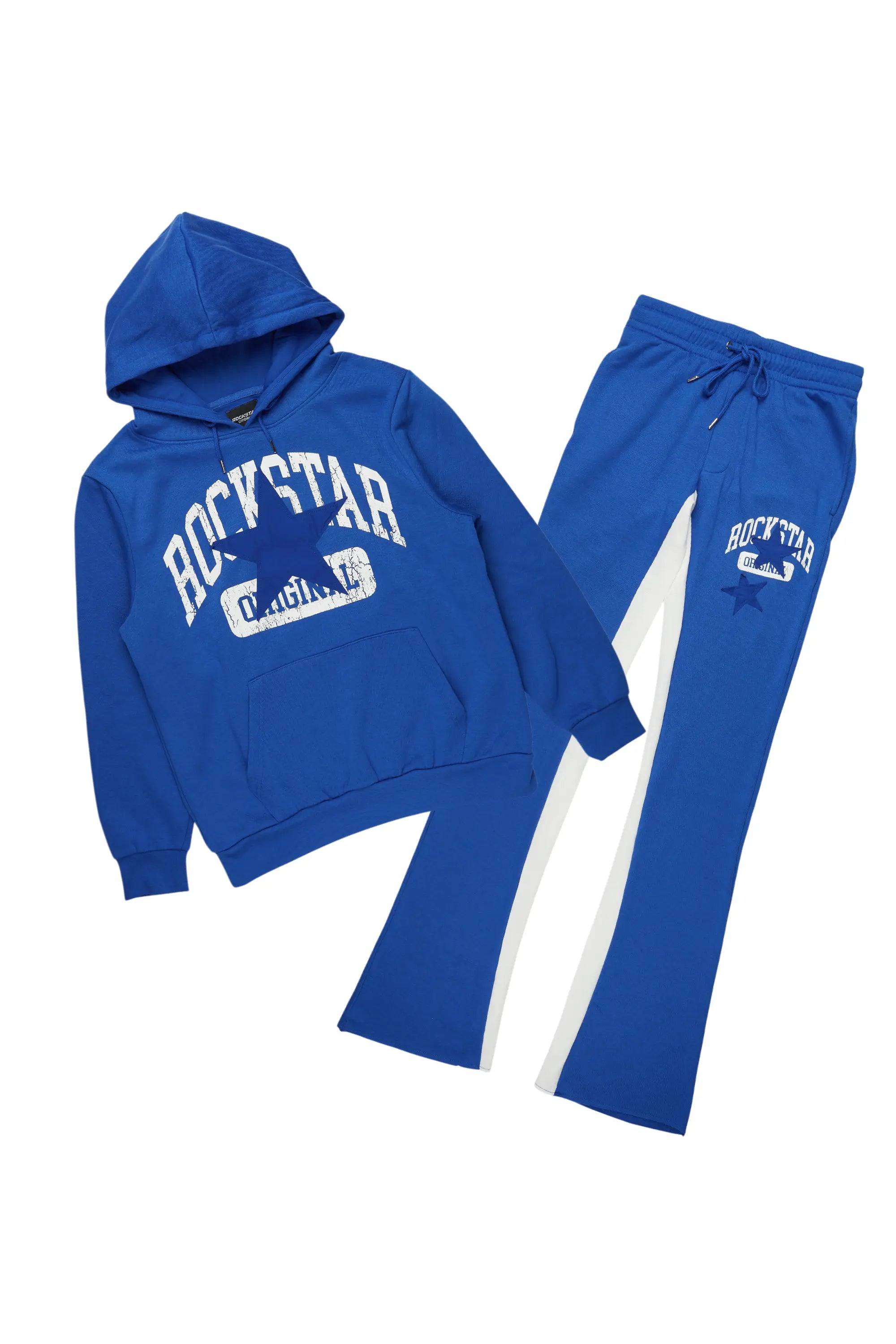 Mallor Royal Blue Baggy Stacked Hoodie Track Set Casual Men's Short