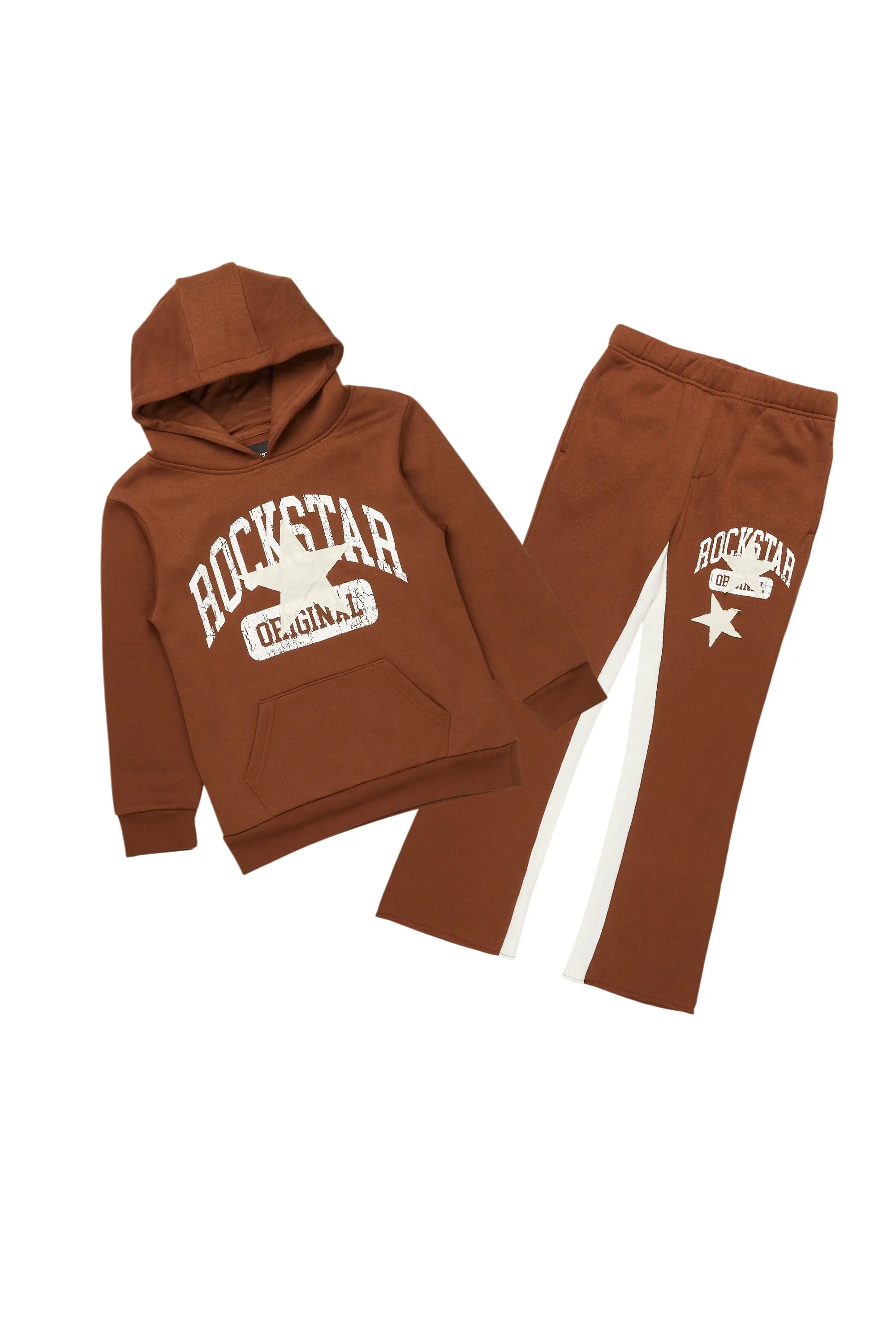 Boys Mallor Brown Baggy Stacked Hoodie Track Set Edgy Men's Punk