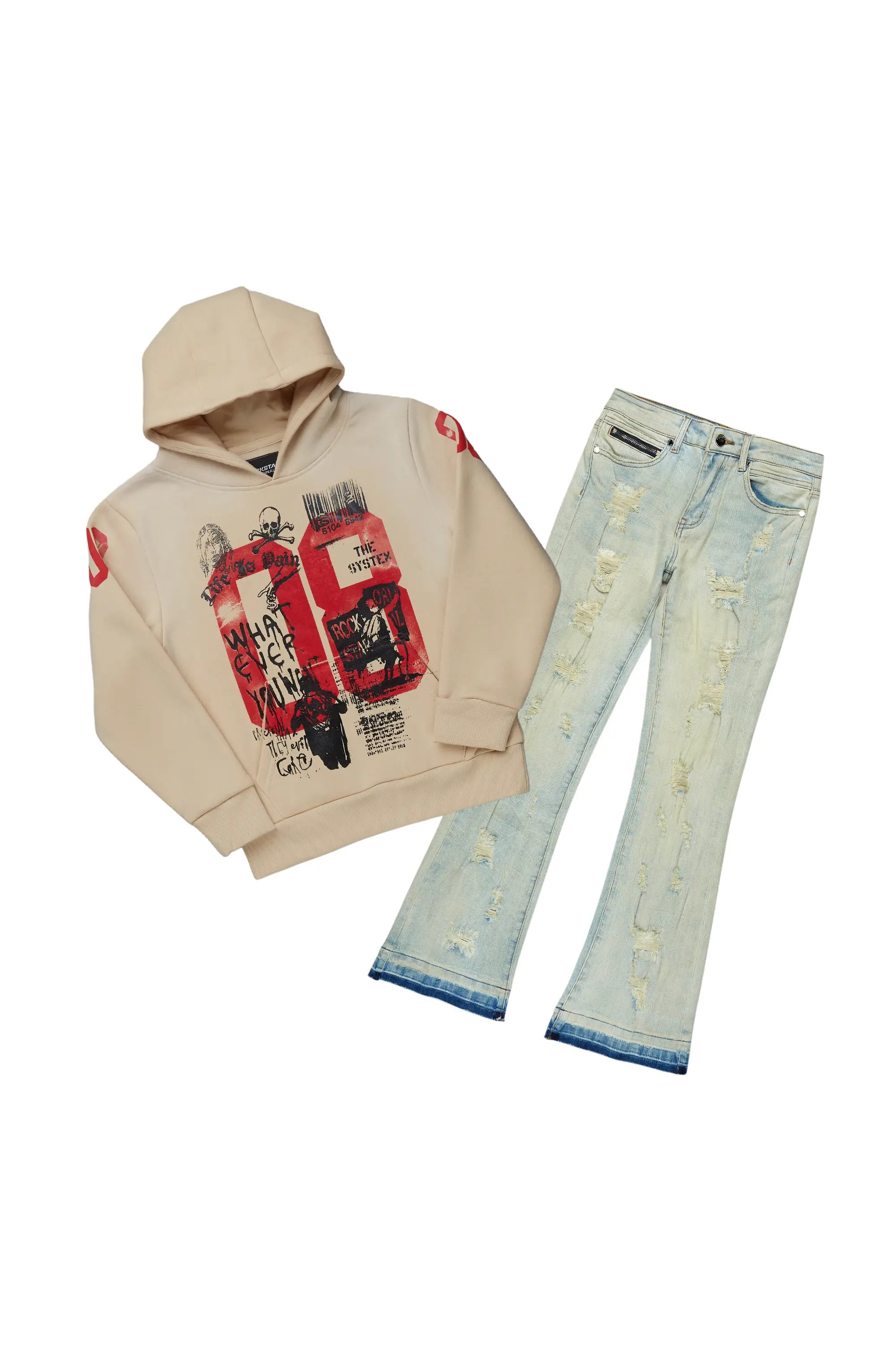 Boys Beau Beige/Blue Hoodie/Stacked Flare Jean Set Confident Men's Power