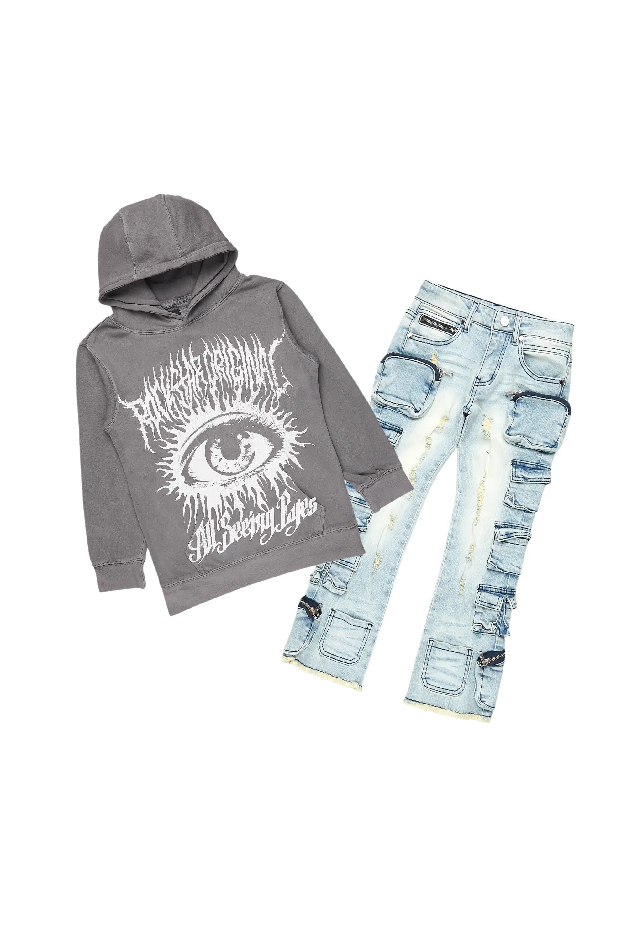 Boys All Eyes Blue/Vintage Grey Hoodie/Stacked Flare Jean Set Refined Men's European