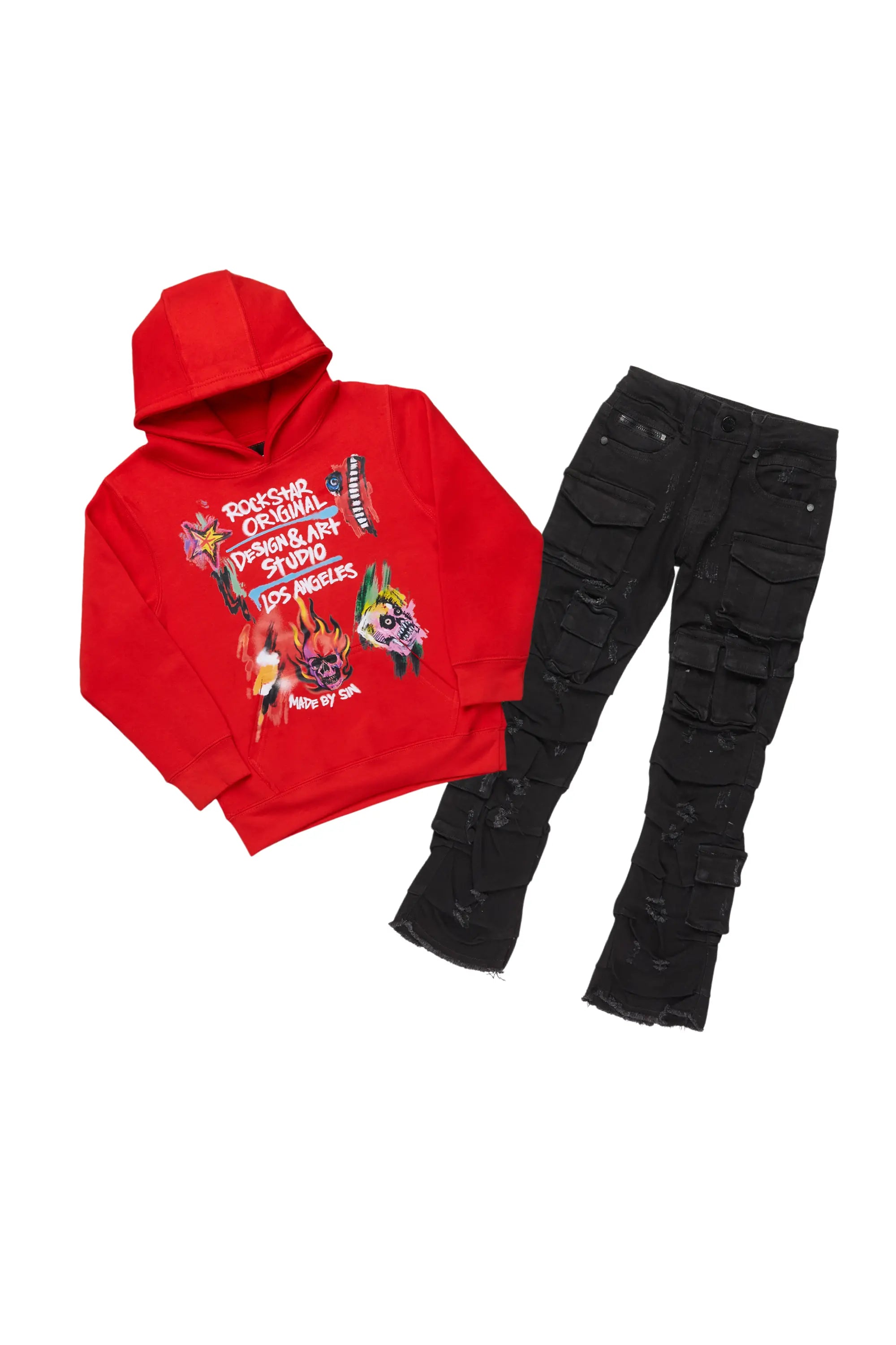 Boys Soweto Red/Black Hoodie/Stacked Flare Jean Set Sophisticated Men's 