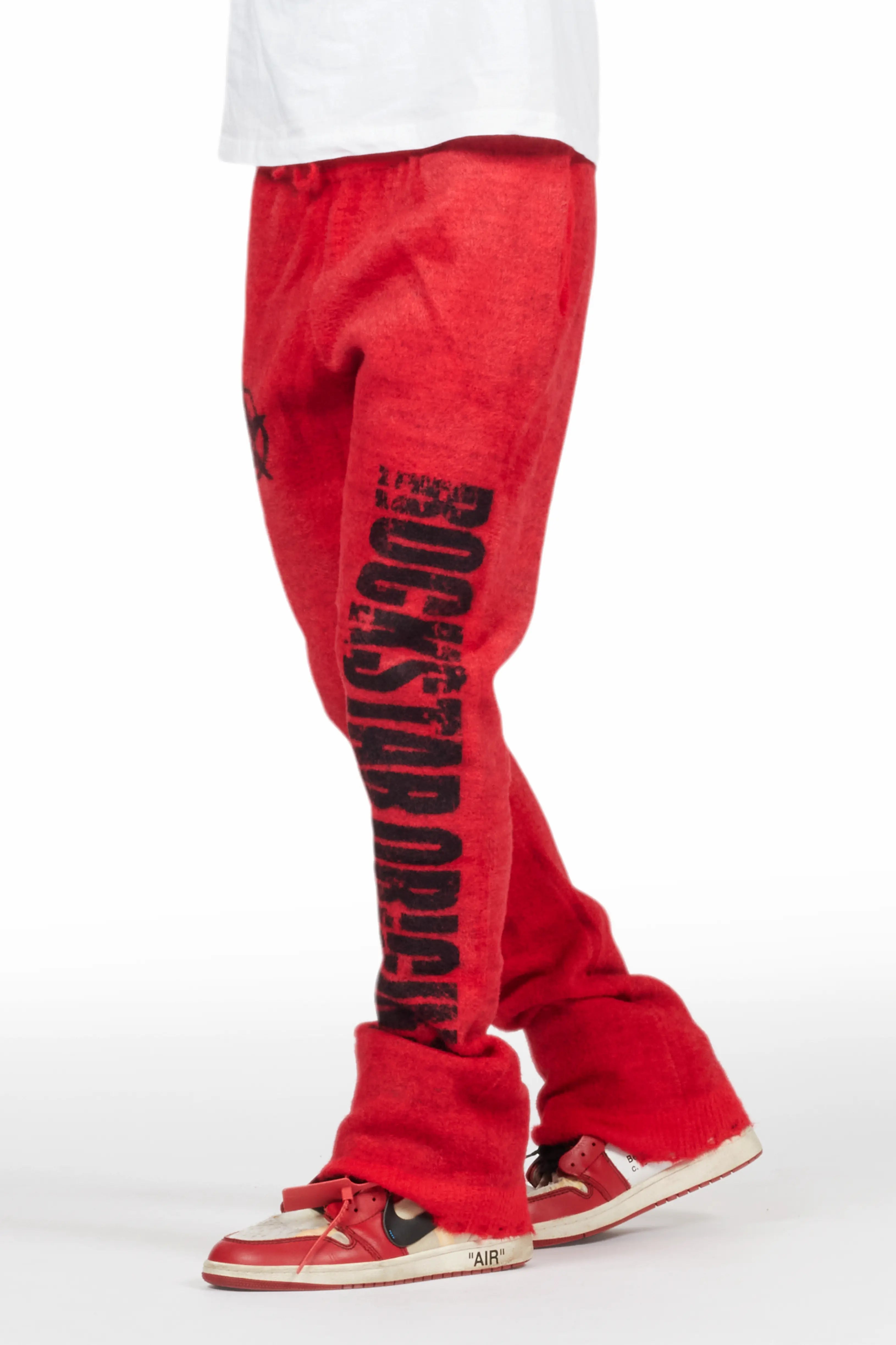 Keve Red Knitted Mohair Flare Sweat Pant Casual Men's Loose