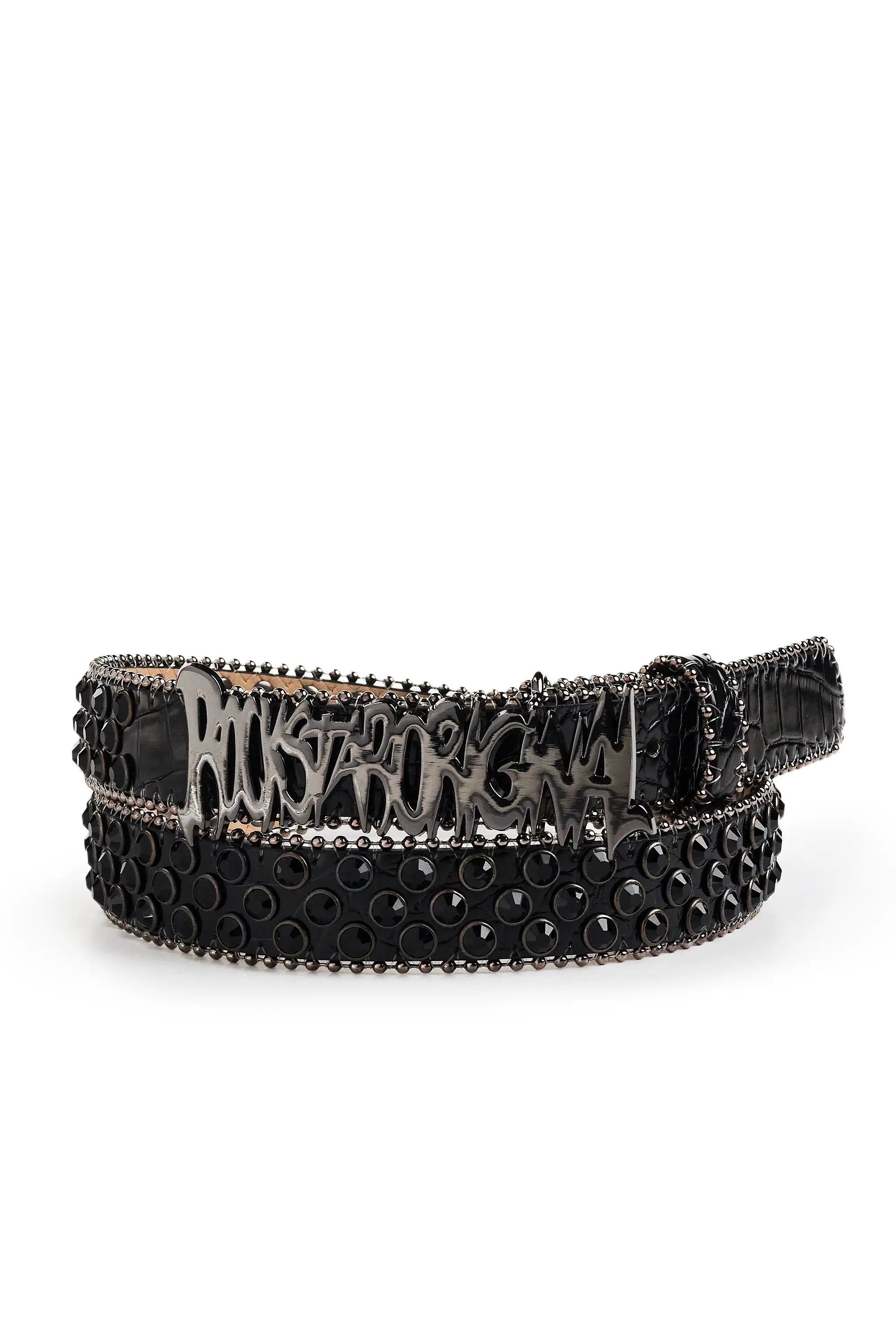 Tedros Rhinestone Black Rockstar Logo Narrow Belt Tailored