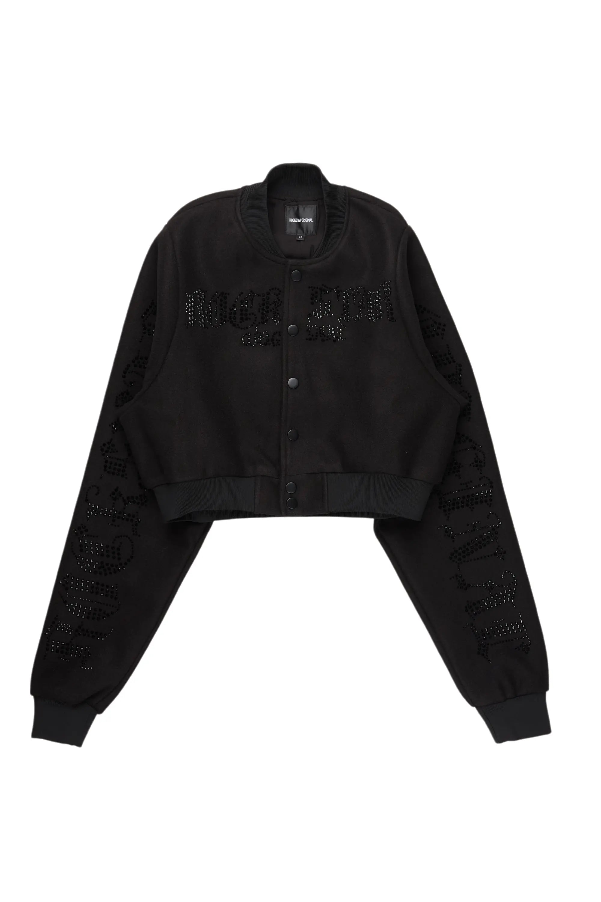 Gianni Black/Black Crop Rhinestone Varsity Jacket Monochromatic All