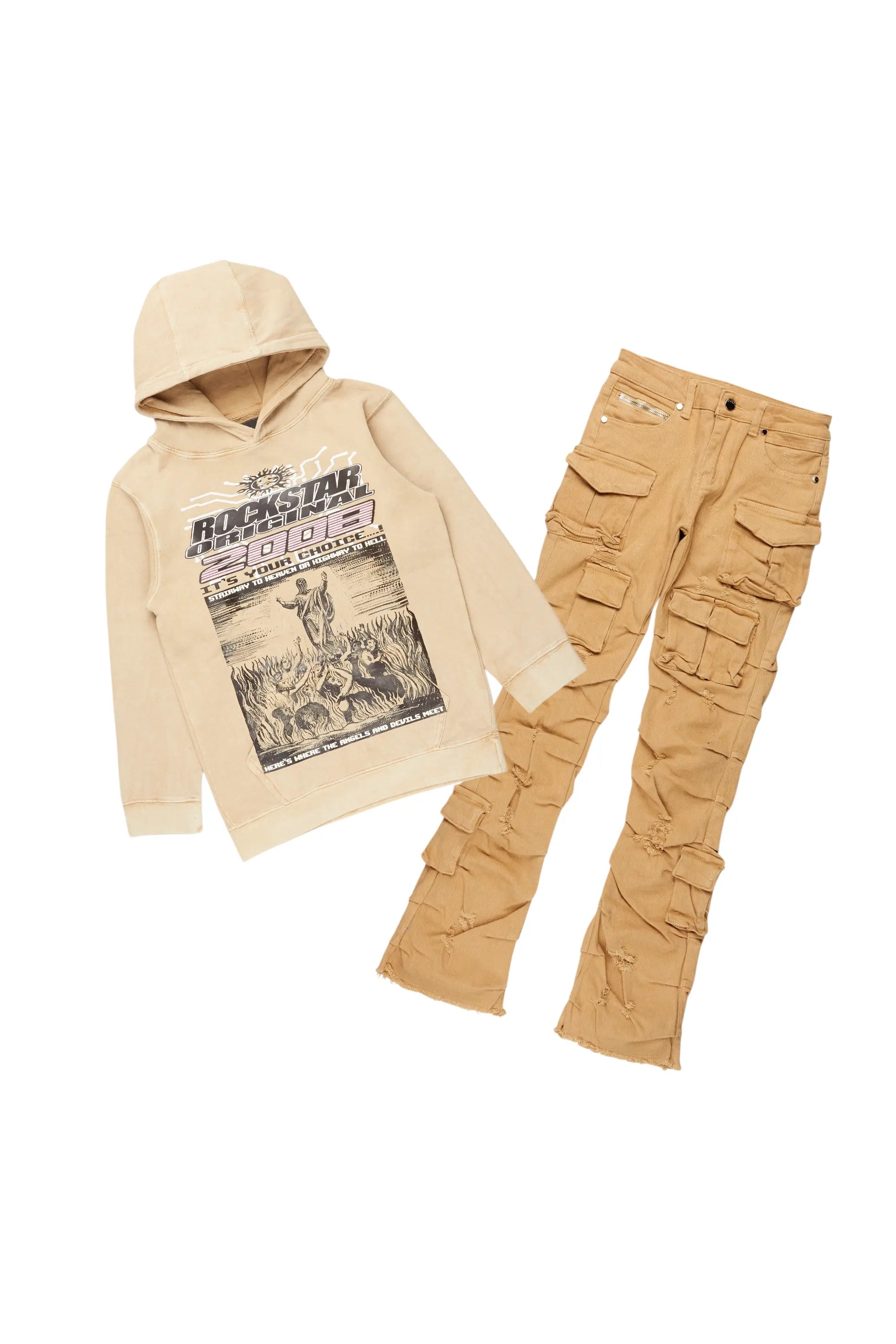 Boys Luxton Vintage Beige Hoodie/Stack Flare Jean Set Streetwear Style