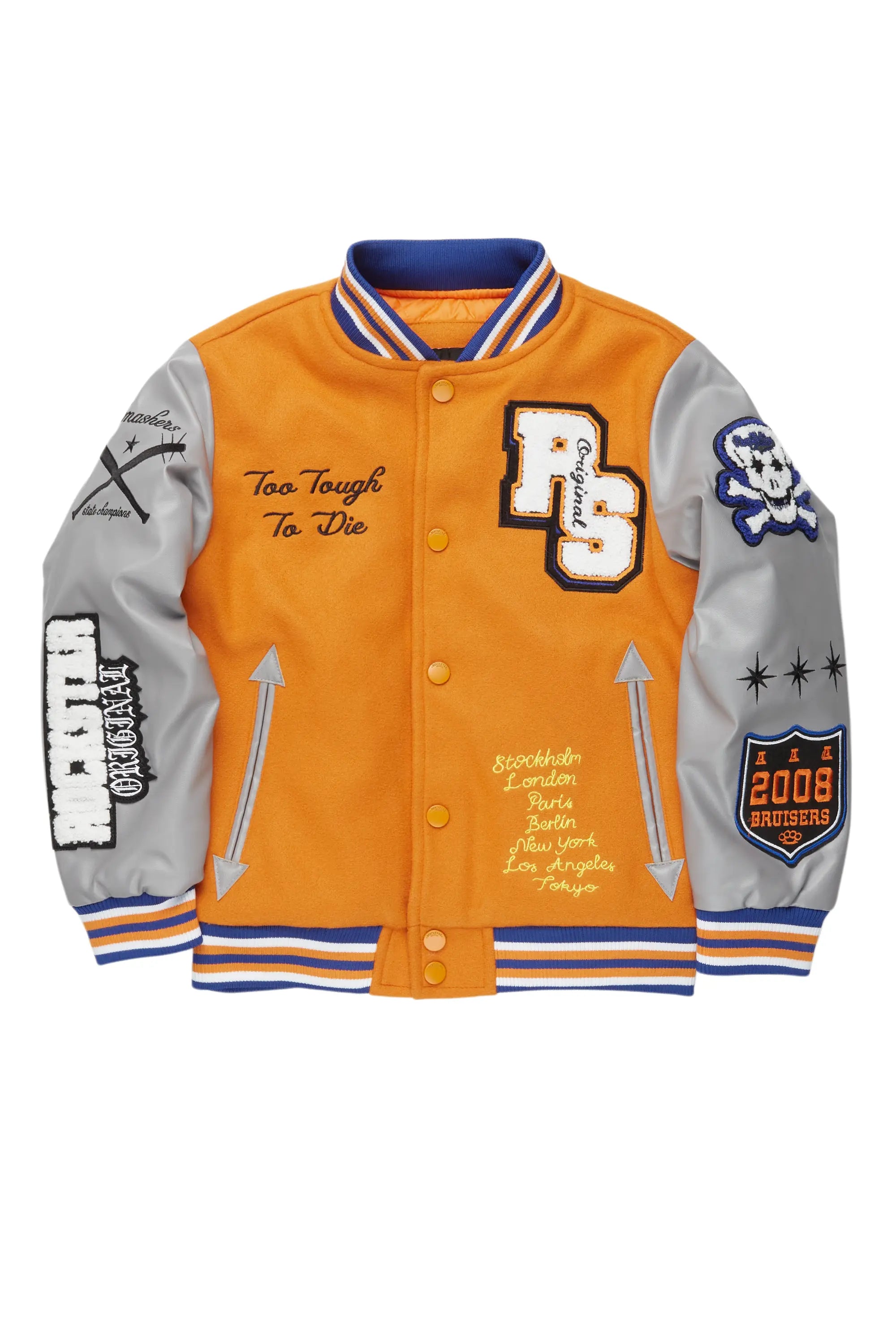 Boys Shexter Orange Varsity Jacket Laid