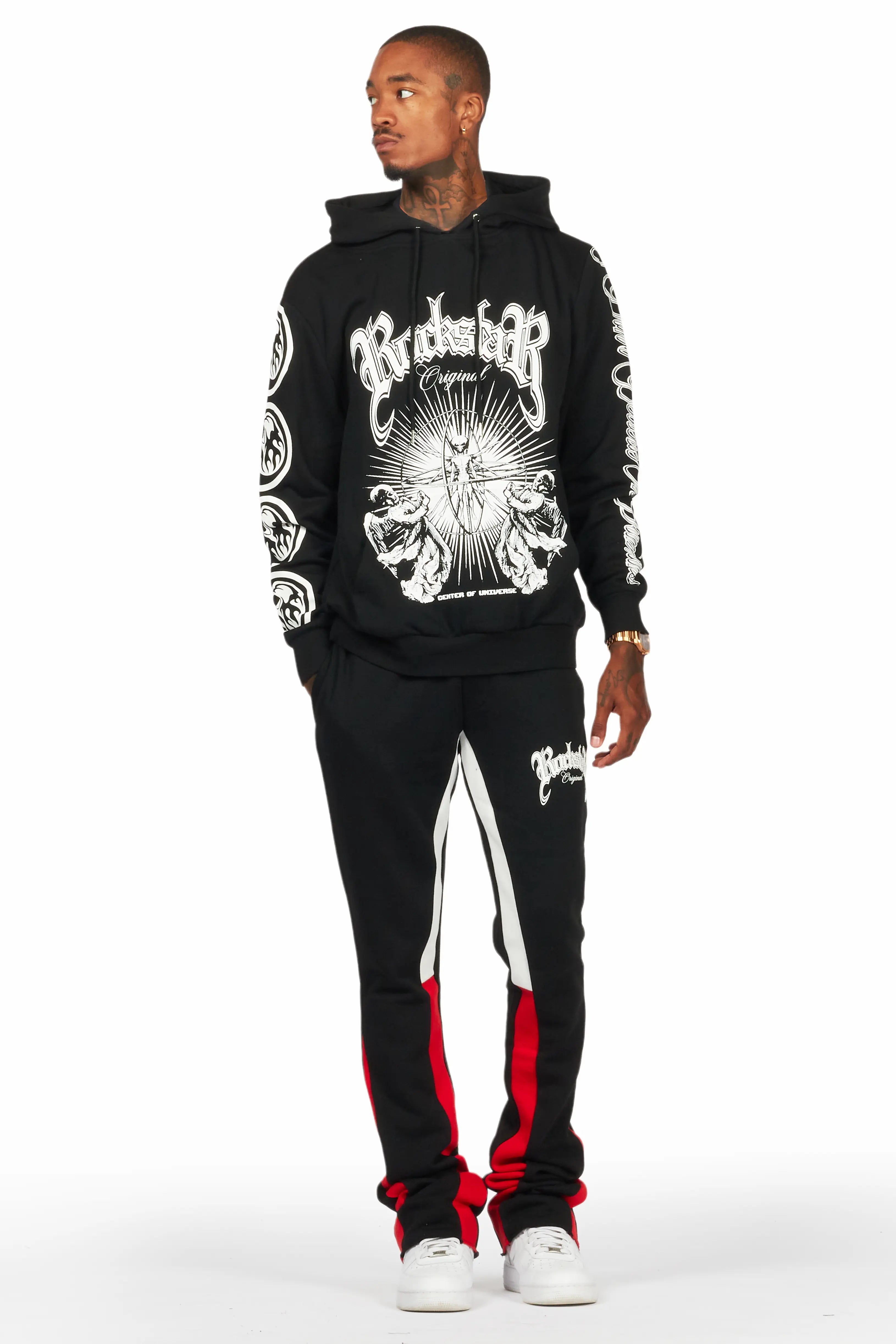 Yarden Black/Red Graphic Hoodie/Stacked Flare Pant Track Set Trendy Men's Oversized