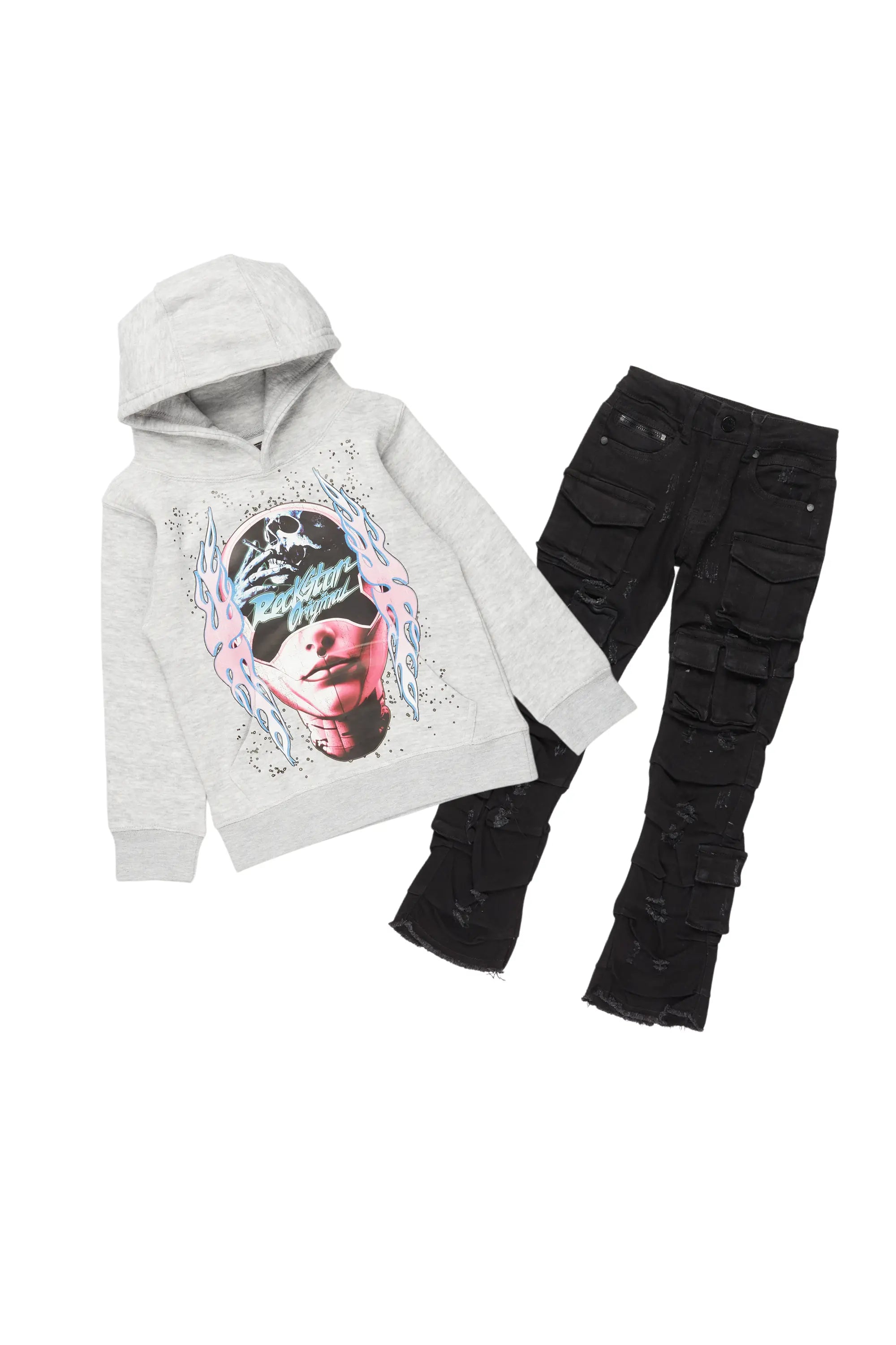 Girls Isha Grey/Black Hoodie/Stacked Flare Jean Set Sophisticated Men's 