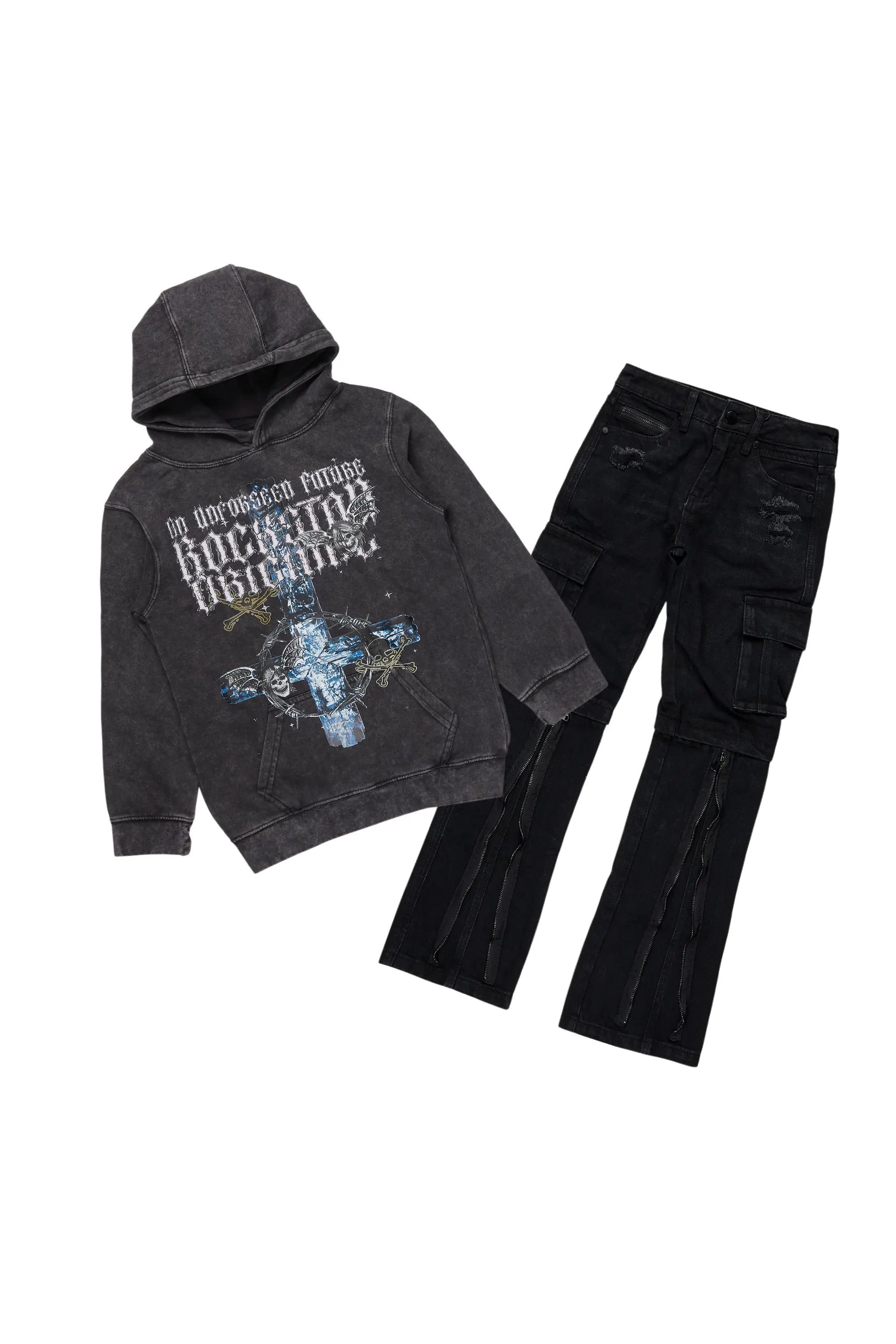 Boys Hagan Vintage Black Hoodie/Stacked Flare Jean Set Tough Men's Tactical