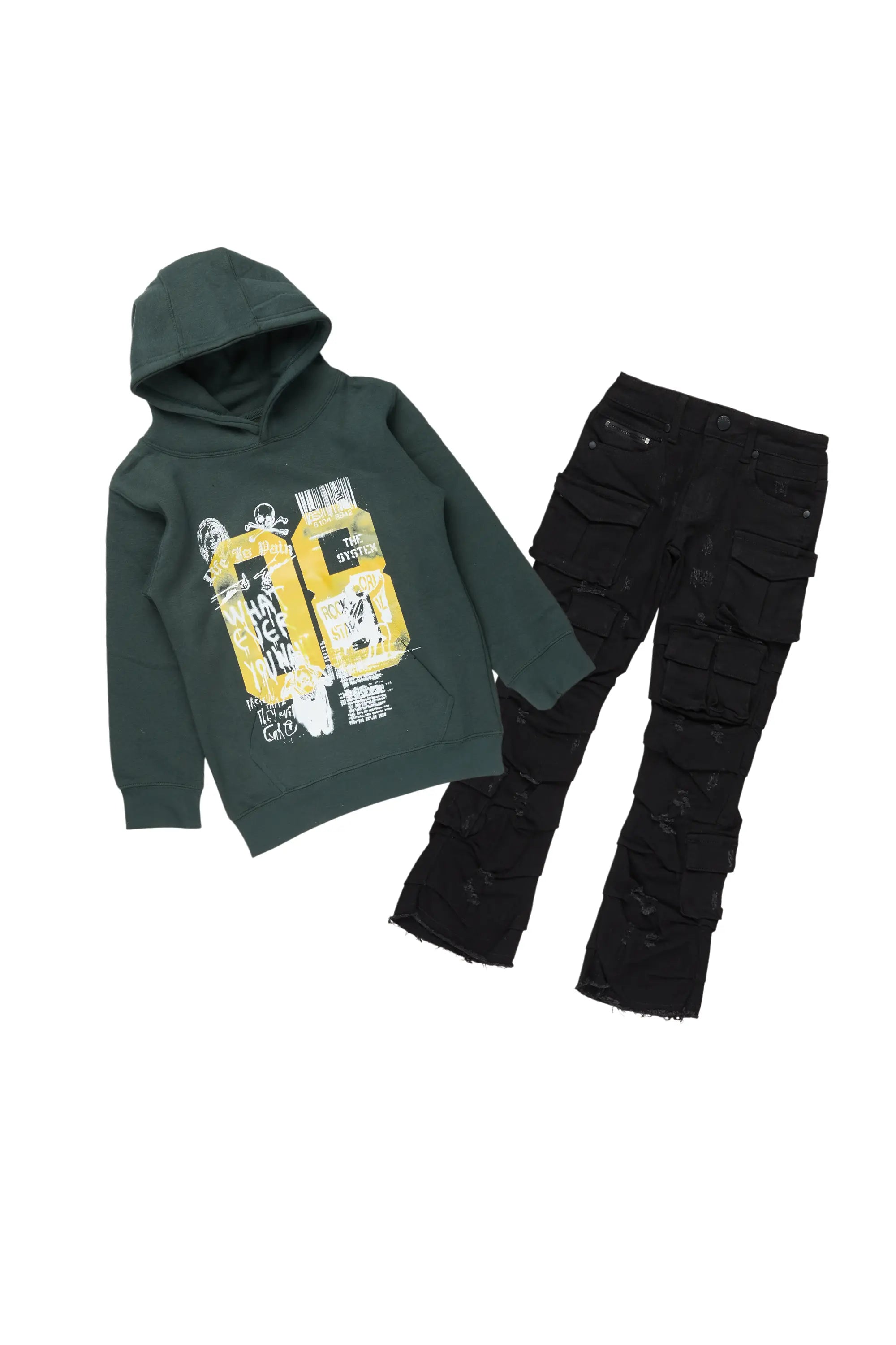 Boys Beau Forest Green Hoodie/Stacked Flare Jean Set Trendy Men's Oversized