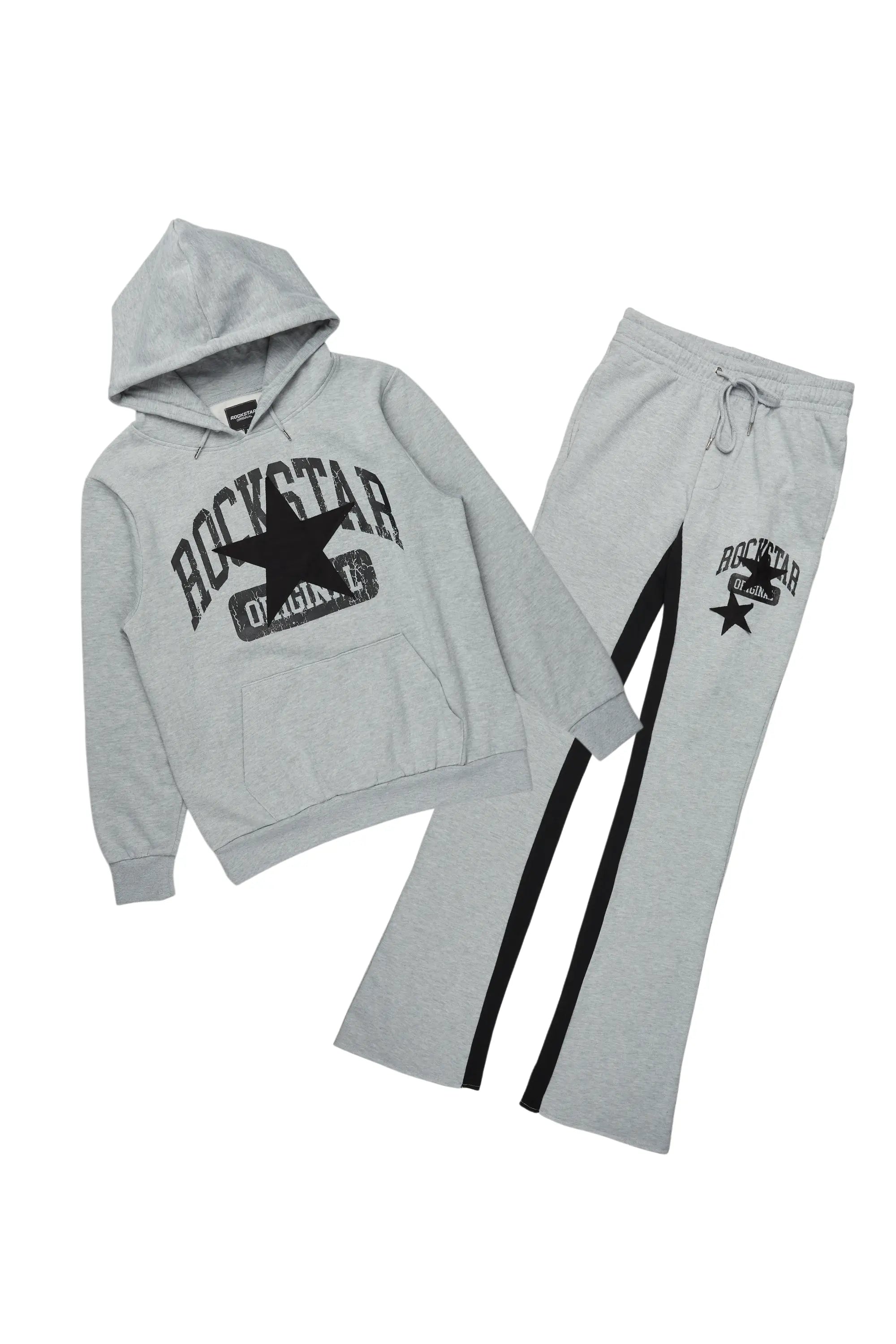 Mallor Heather Grey Baggy Stacked Hoodie Track Set Streetwear Style