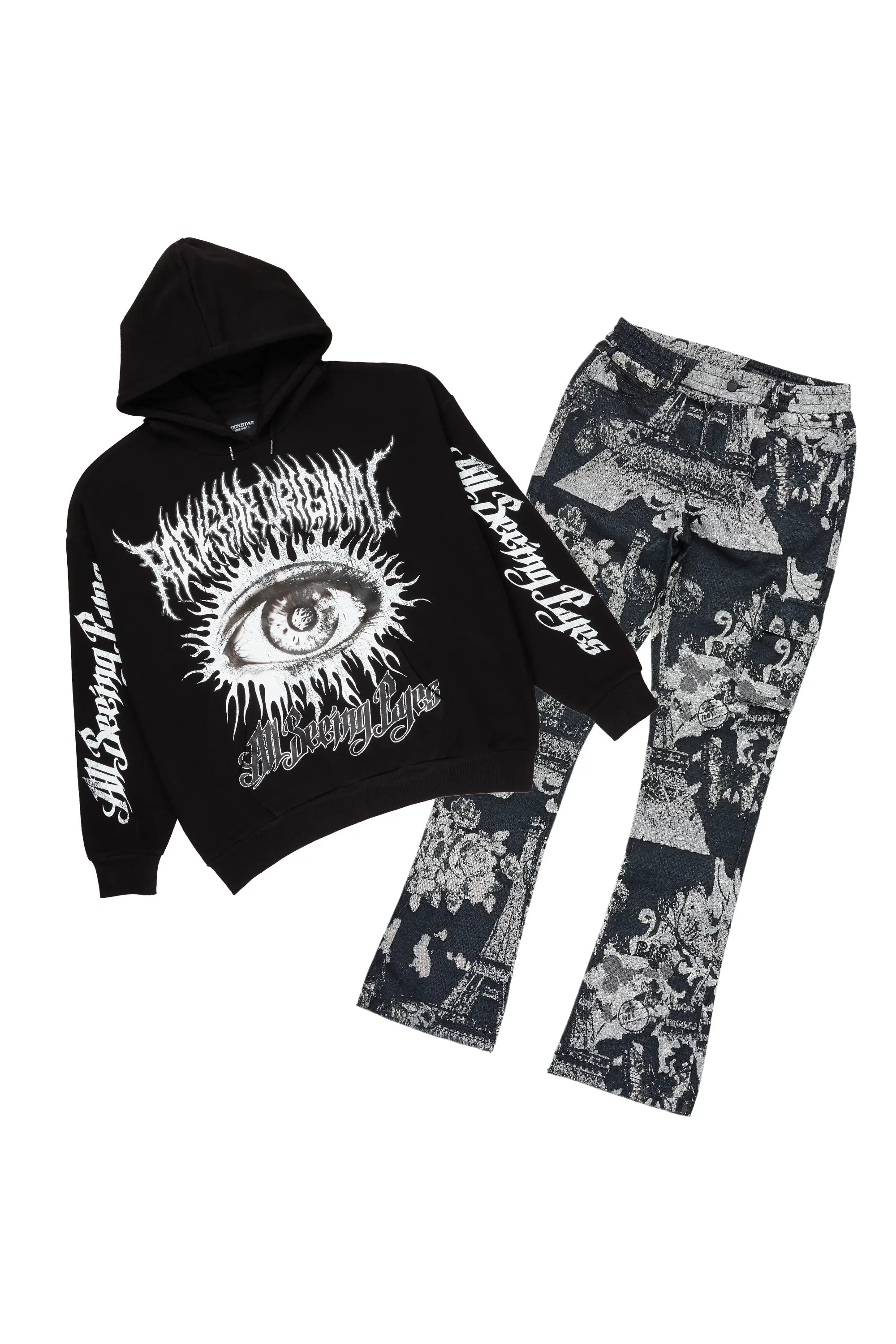 All Seeing Eyes Black Hoodie & Lamont Stacked Flare Tapestry Jean Bundle Polished Men's Silk