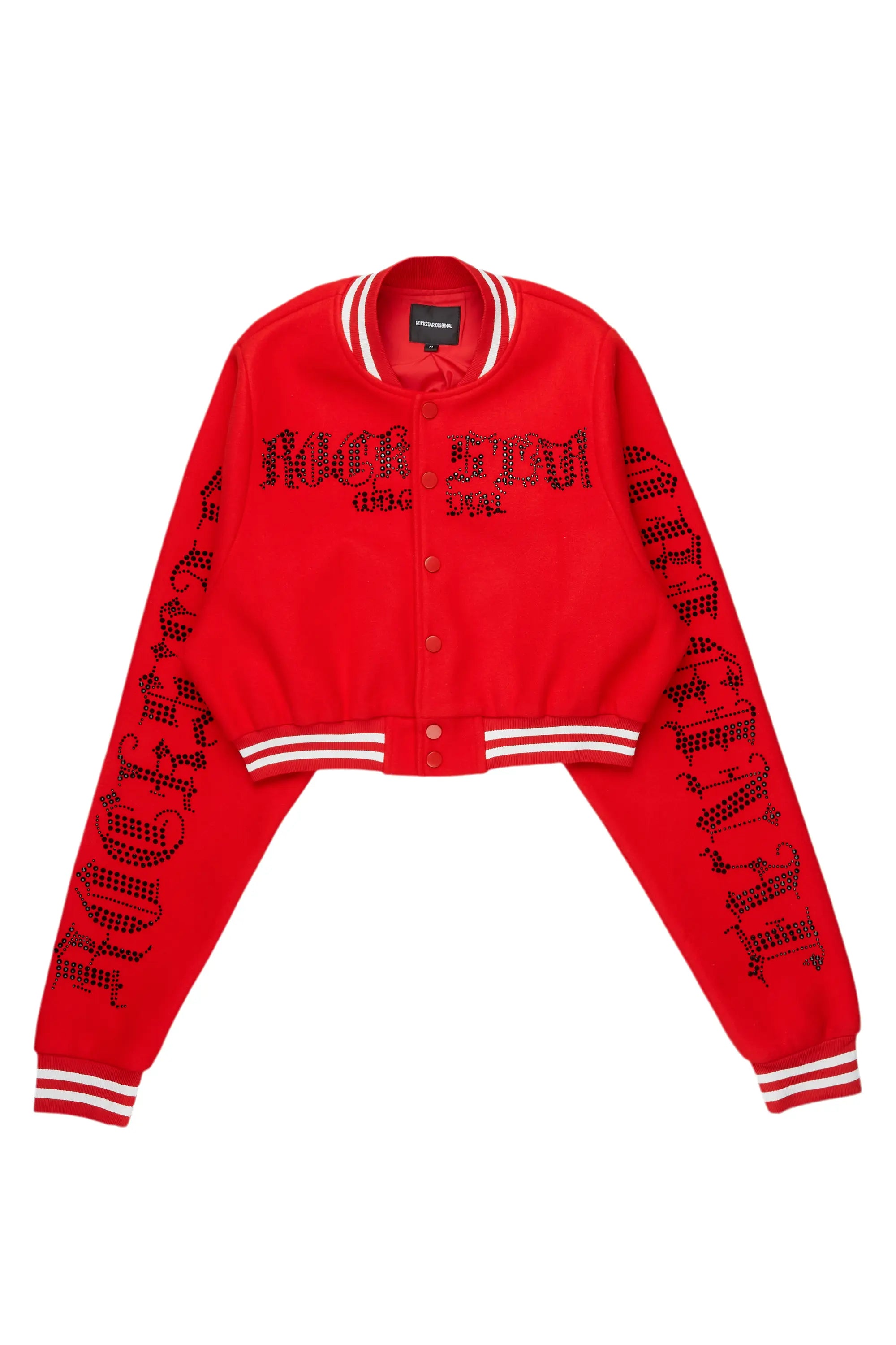 Gianni Red Crop Rhinestone Varsity Jacket Luxurious Men's High