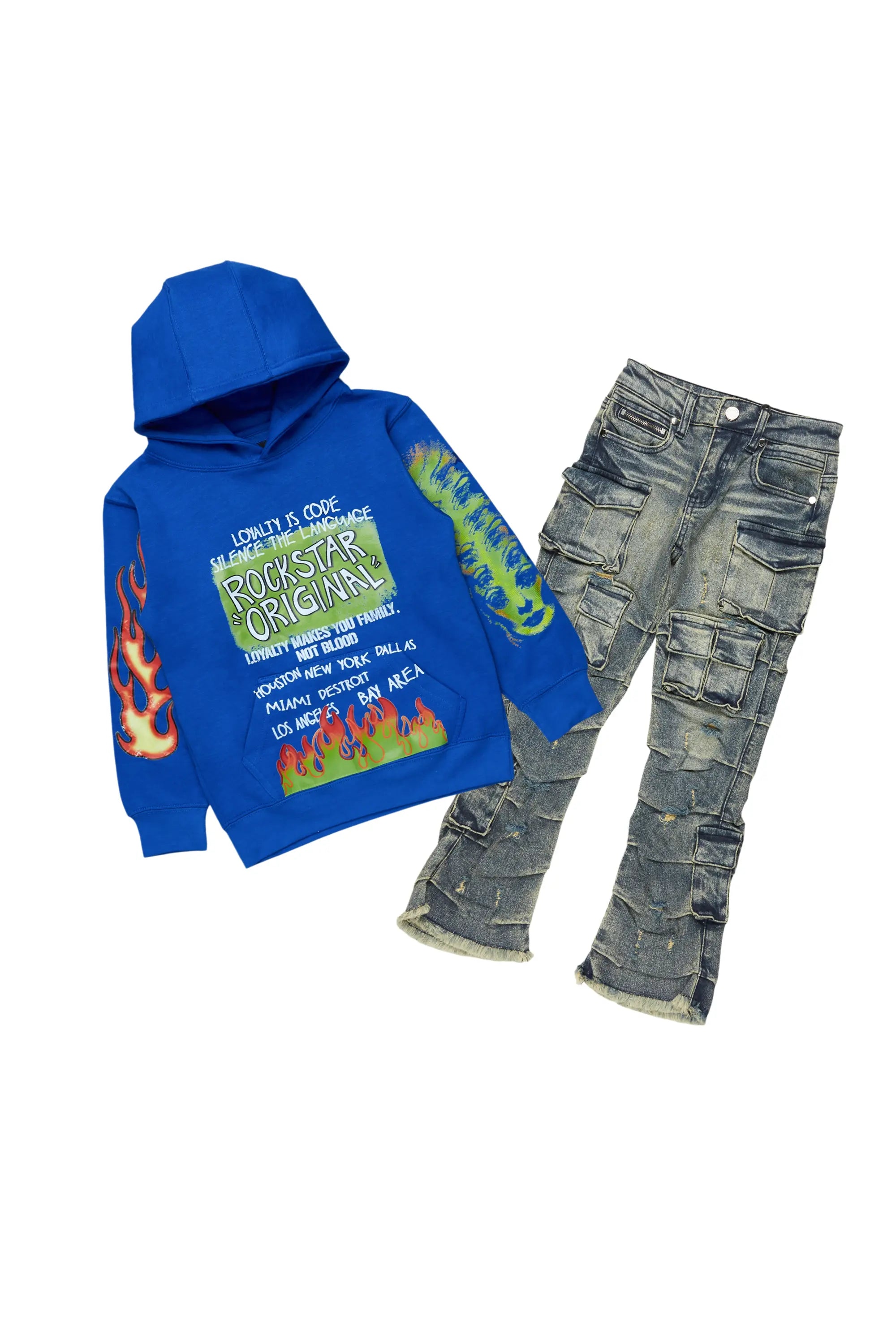 Boys Beno Royal/Tint Hoodie/Stacked Flare Jean Set Classic Men's Pin