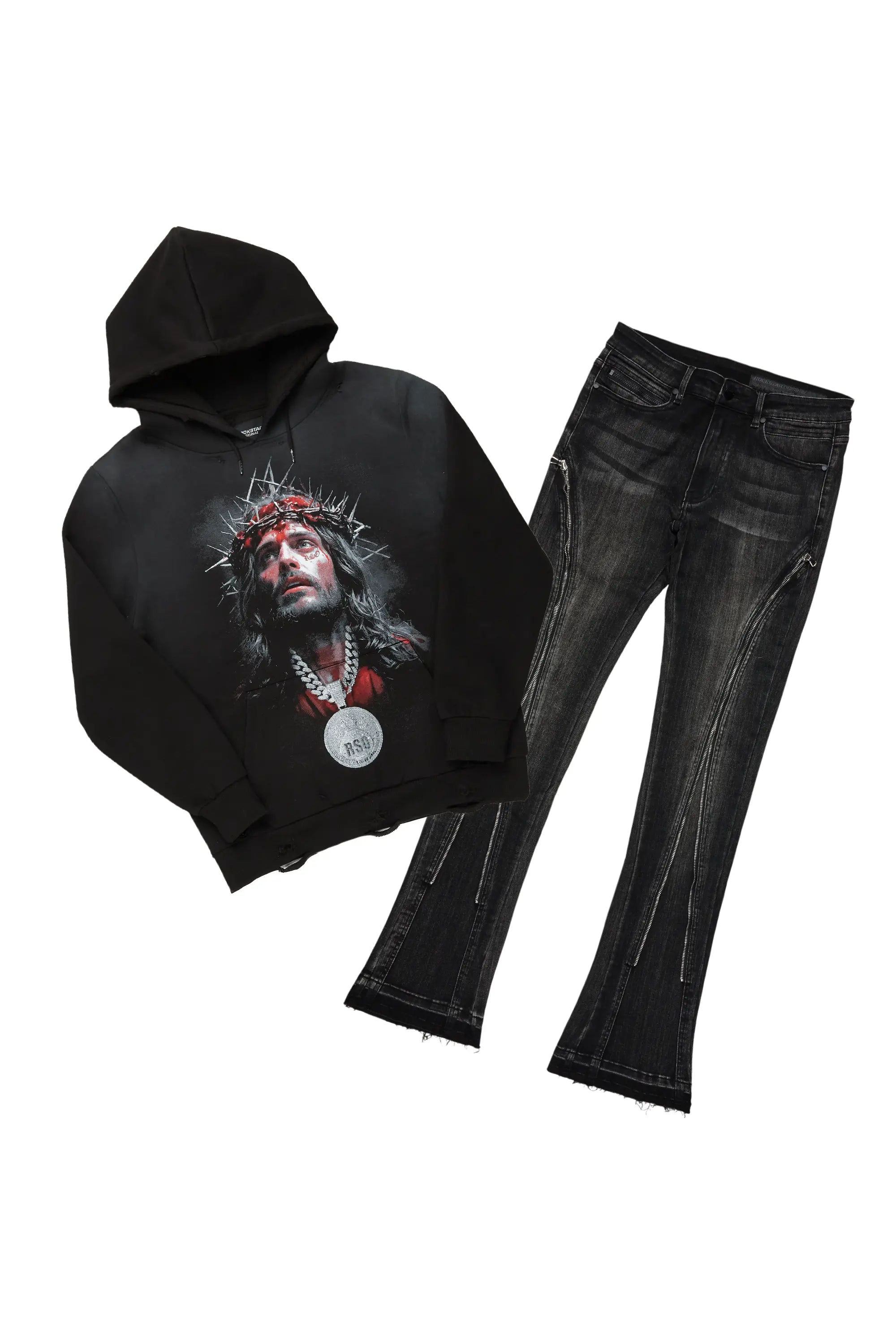 Amina Black Hoodie & Rani Stacked Flare Jean Set Confident Men's High