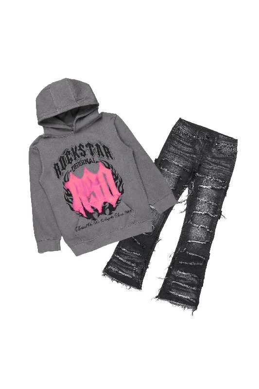 Girls Sandie Black/Vintage Grey Hoodie/Stacked Flare Jean Set Classic Men's Pin