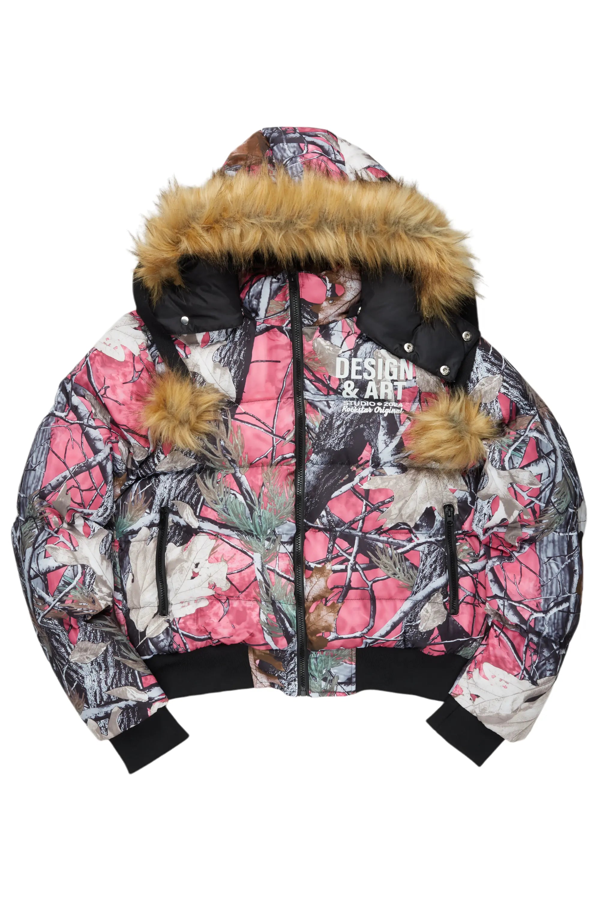 Benita Pink Tree Camo Puffer Jacket Edgy Men's Punk