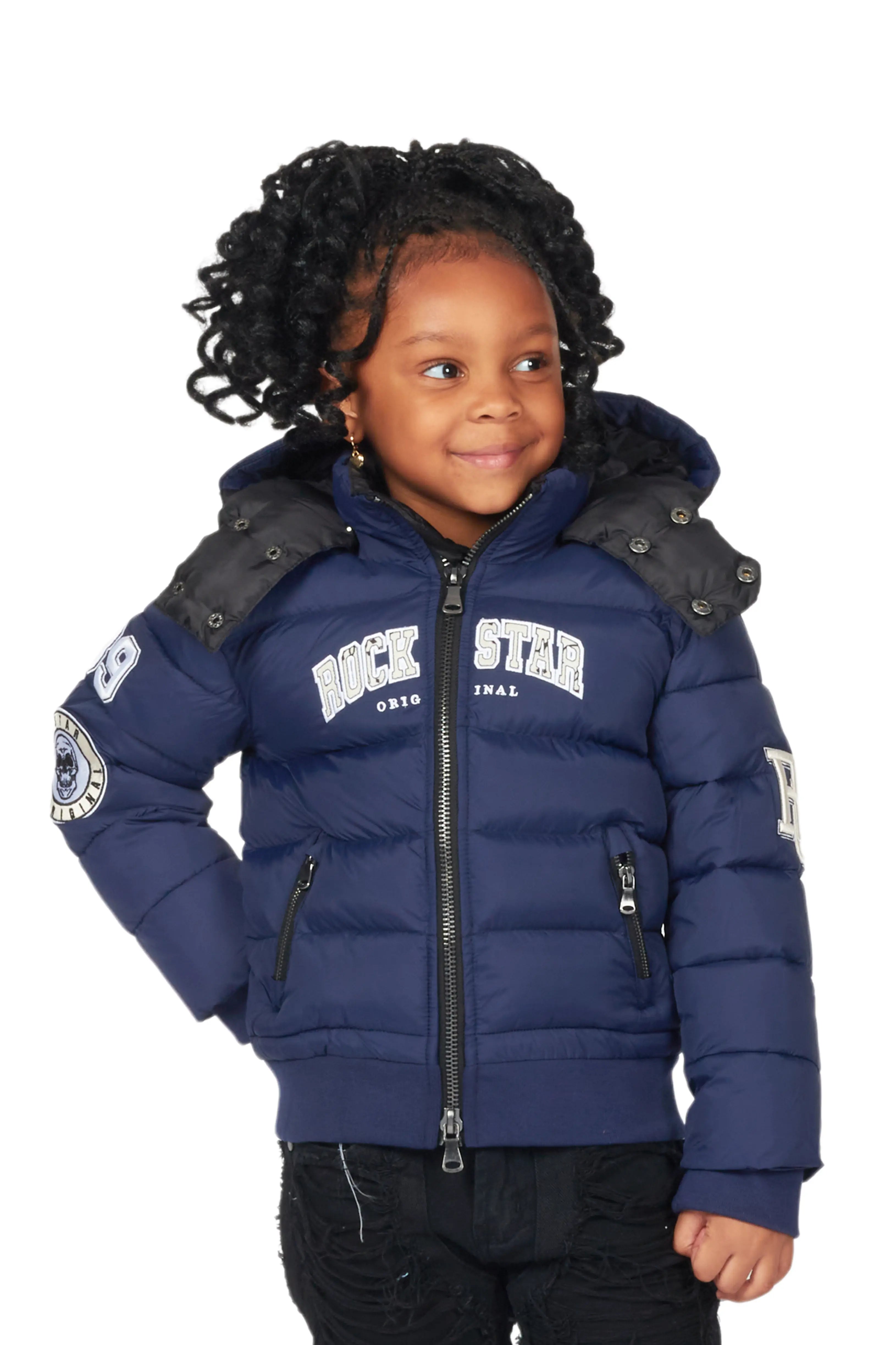 Girls Bronia Navy Puffer Jacket Laid