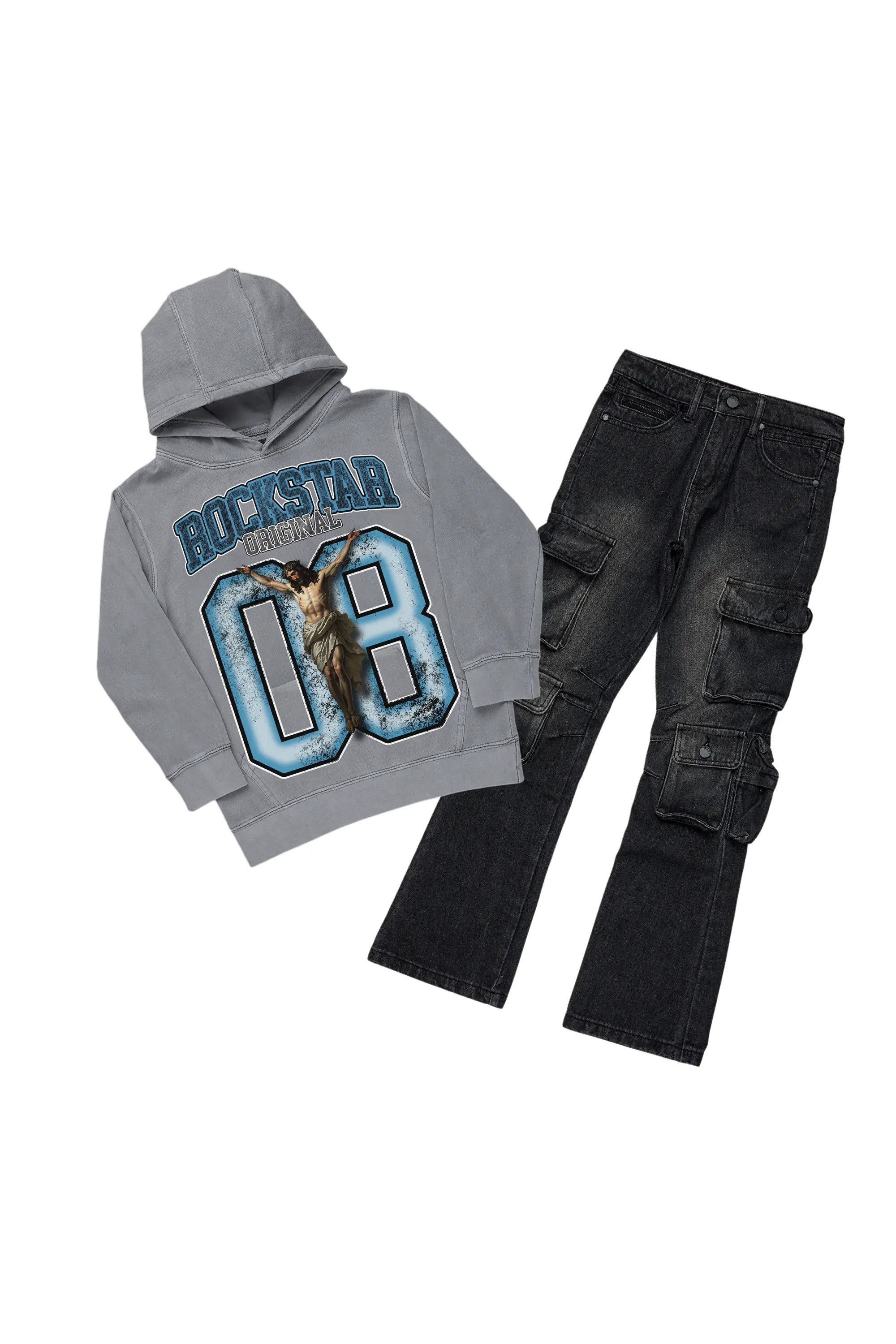 Boys Fields Vintage Grey/Black Hoodie/Stacked Flare Jean Set Rugged Men's Outdoor 