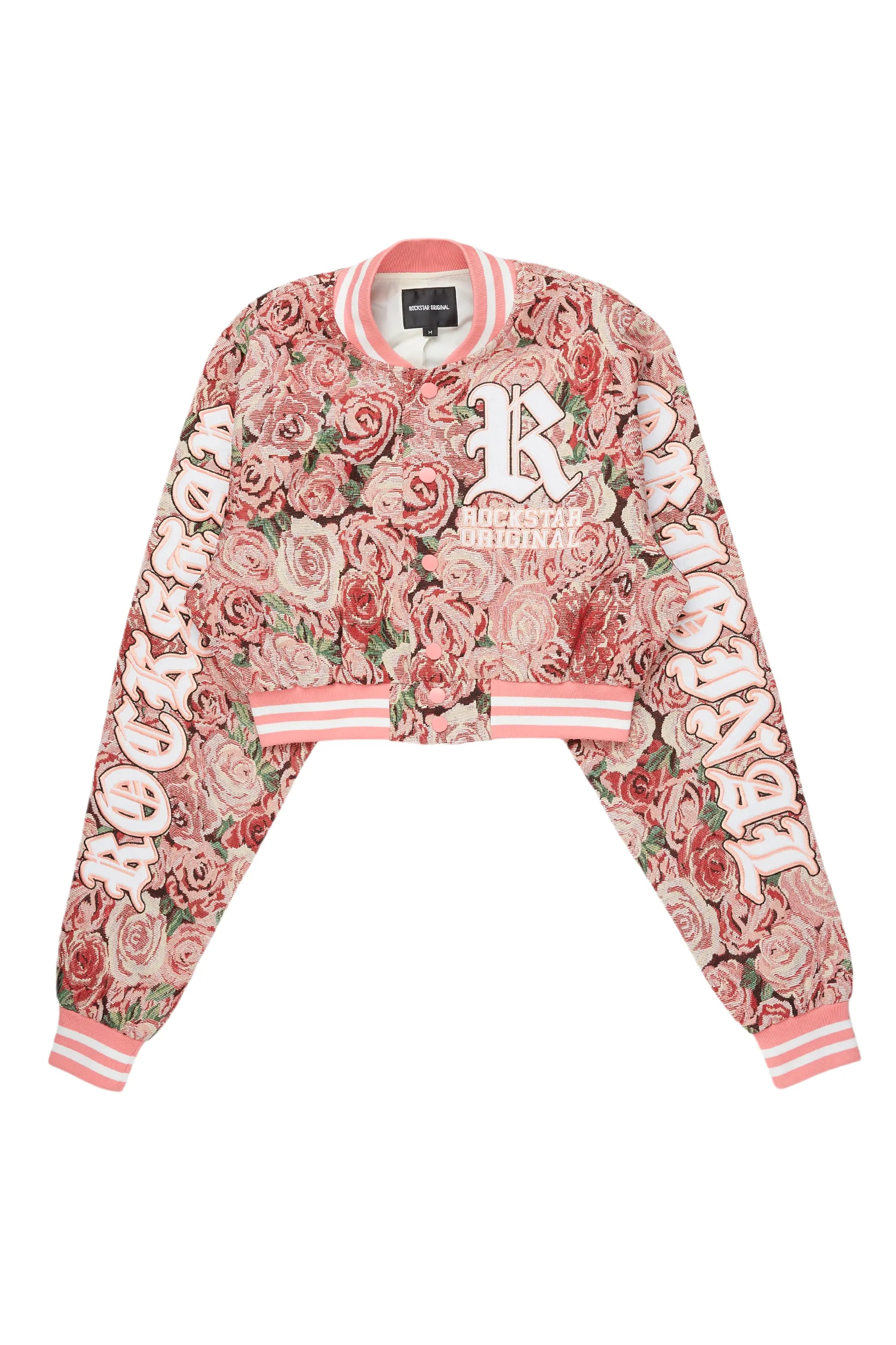 Darresha Pink Crop Tapestry Varsity Jacket Polished Men's Satin