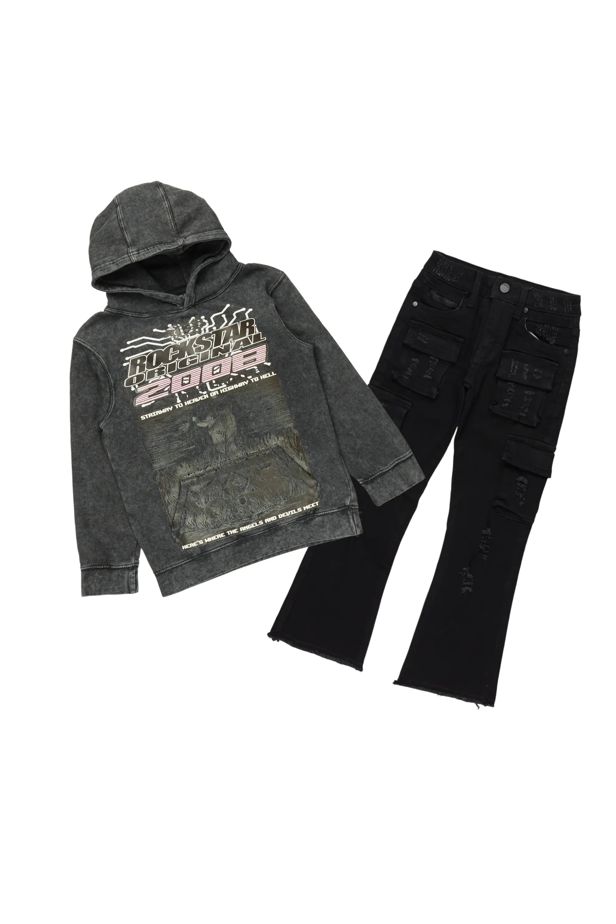 Boys Luxton Vintage Black Hoodie/Stack Flare Jean Set Vintage Men's 1970S Disco