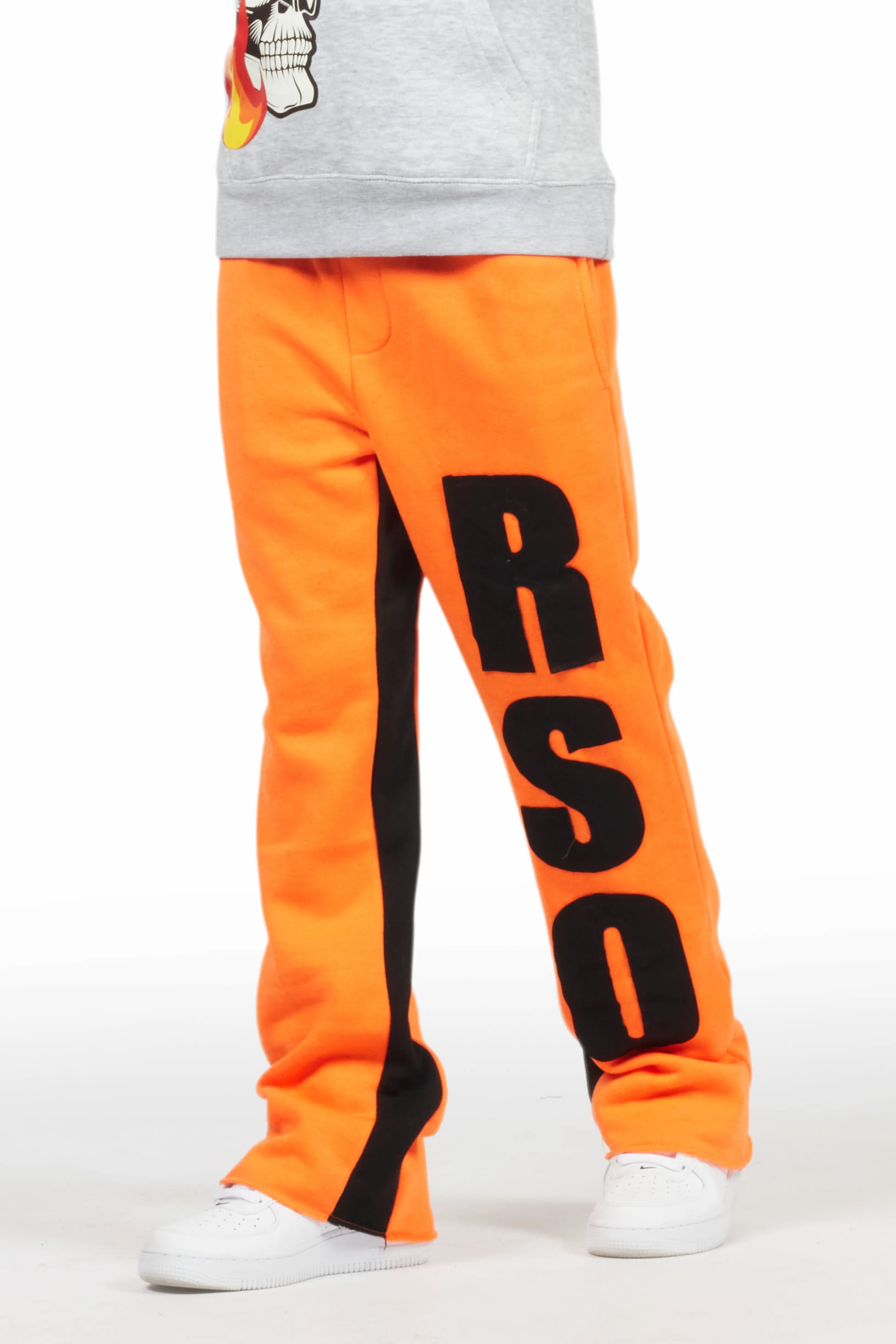 Boys Uko Orange Stacked Baggy Flare Pant Polished Men's Silk