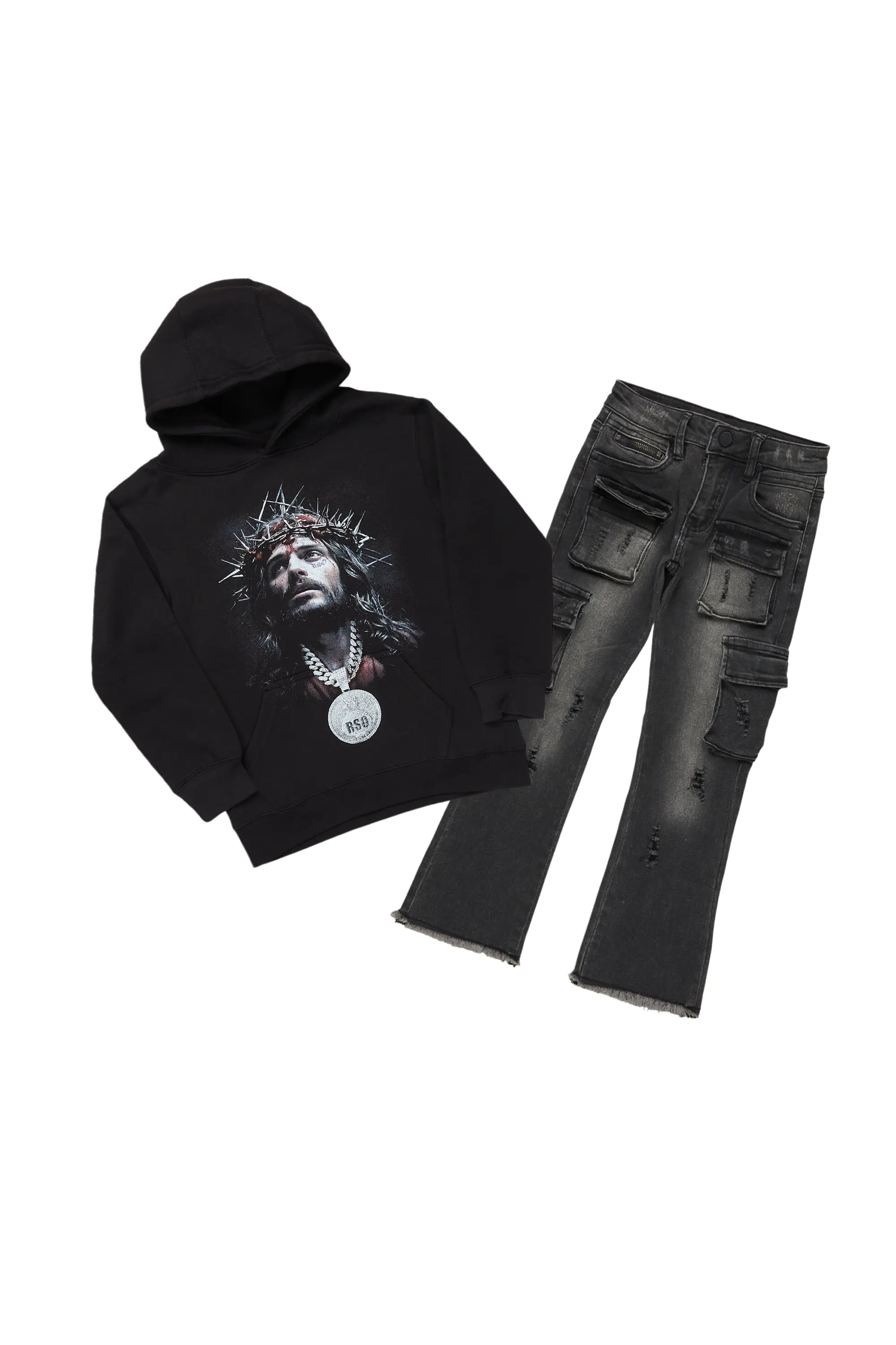 Boys Amina Black/Grey Hoodie/Stacked Flare Jean Set Tough Men's Tactical