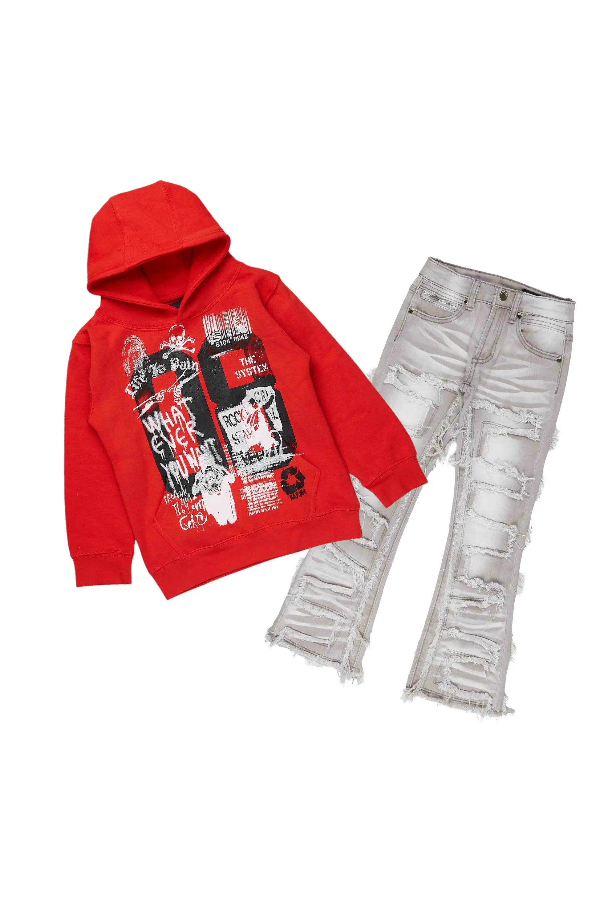 Boys Beau Red/Grey Hoodie/Stacked Flare Jean Set Youthful Men's Pop