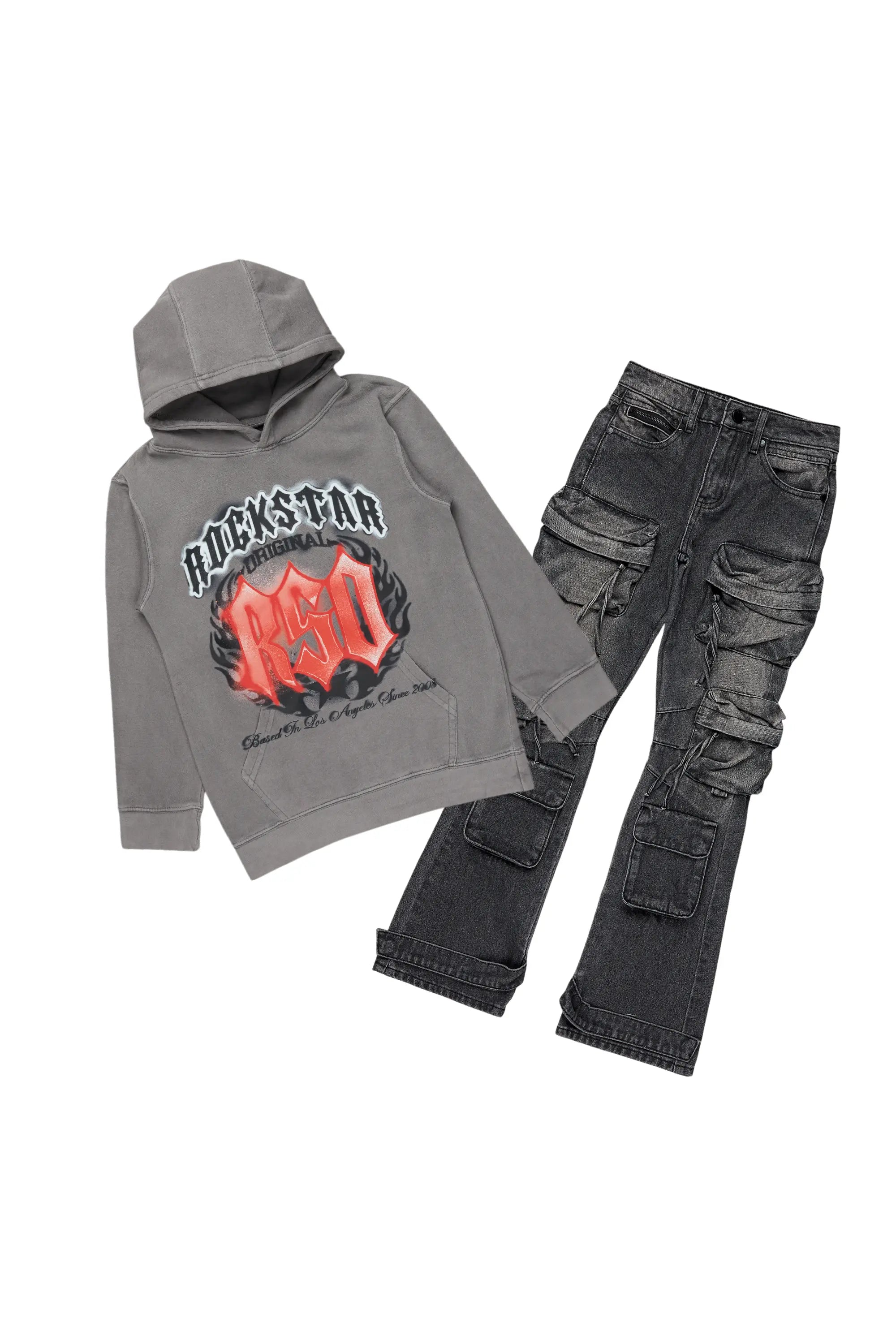 Boys Boaz Vintage Grey Hoodie/Stacked Flare Jean Set Cool Men's Distressed