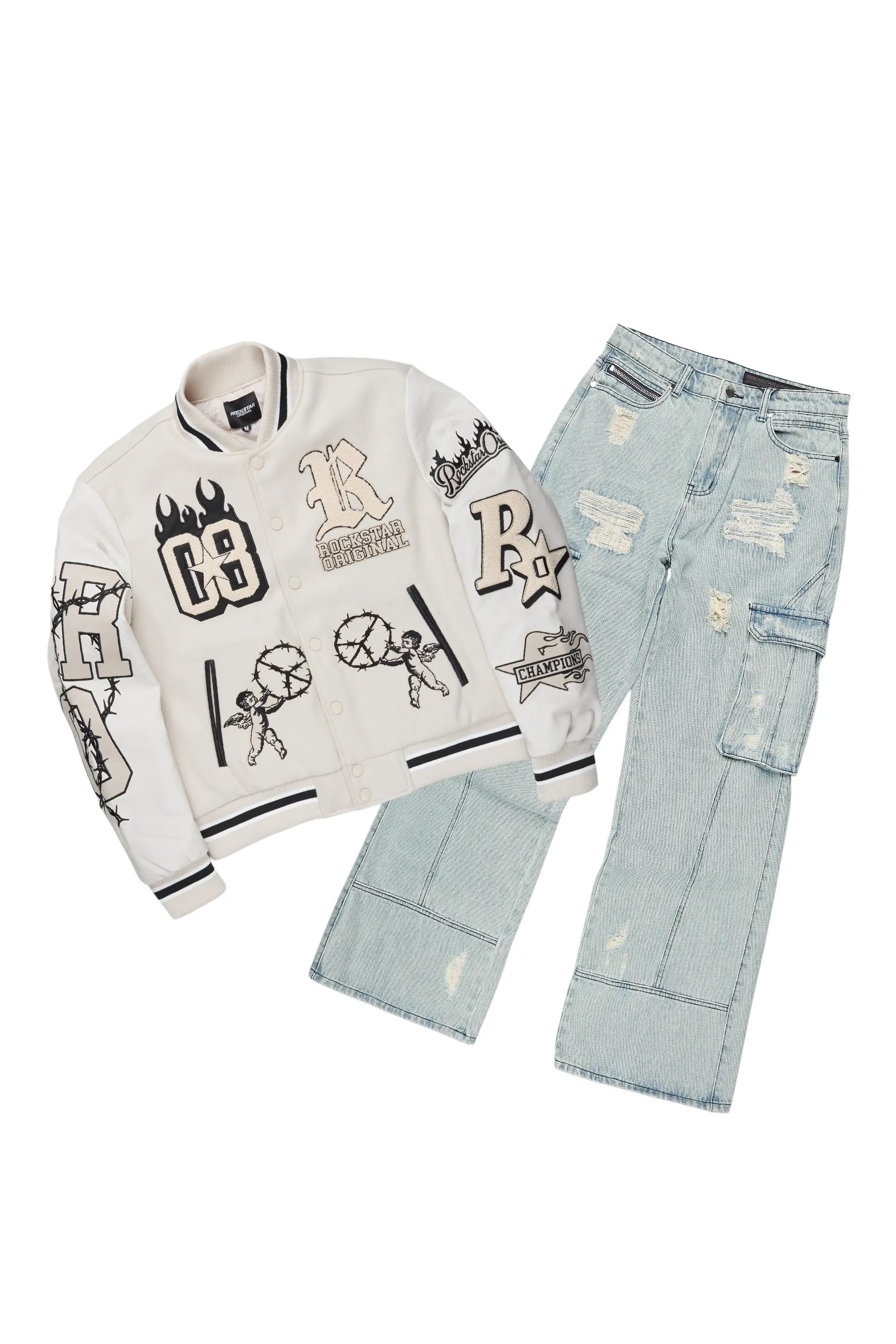 Rune Beige Varsity Jacket & Nand Baggy Jean Bundle Bold Men's Statement