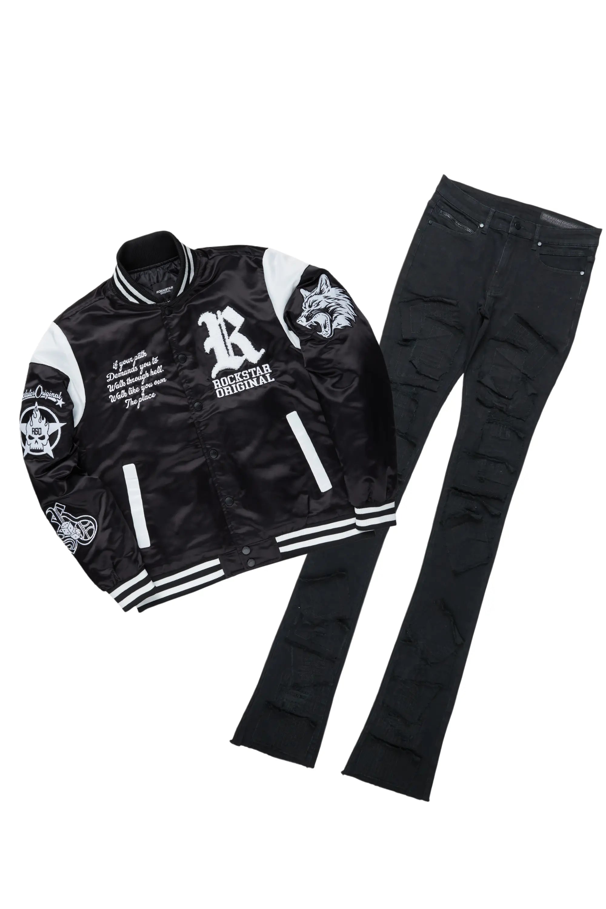 Geir Black Varsity Jacket & Camden Super Stacked Flare Jean Bundle Beach