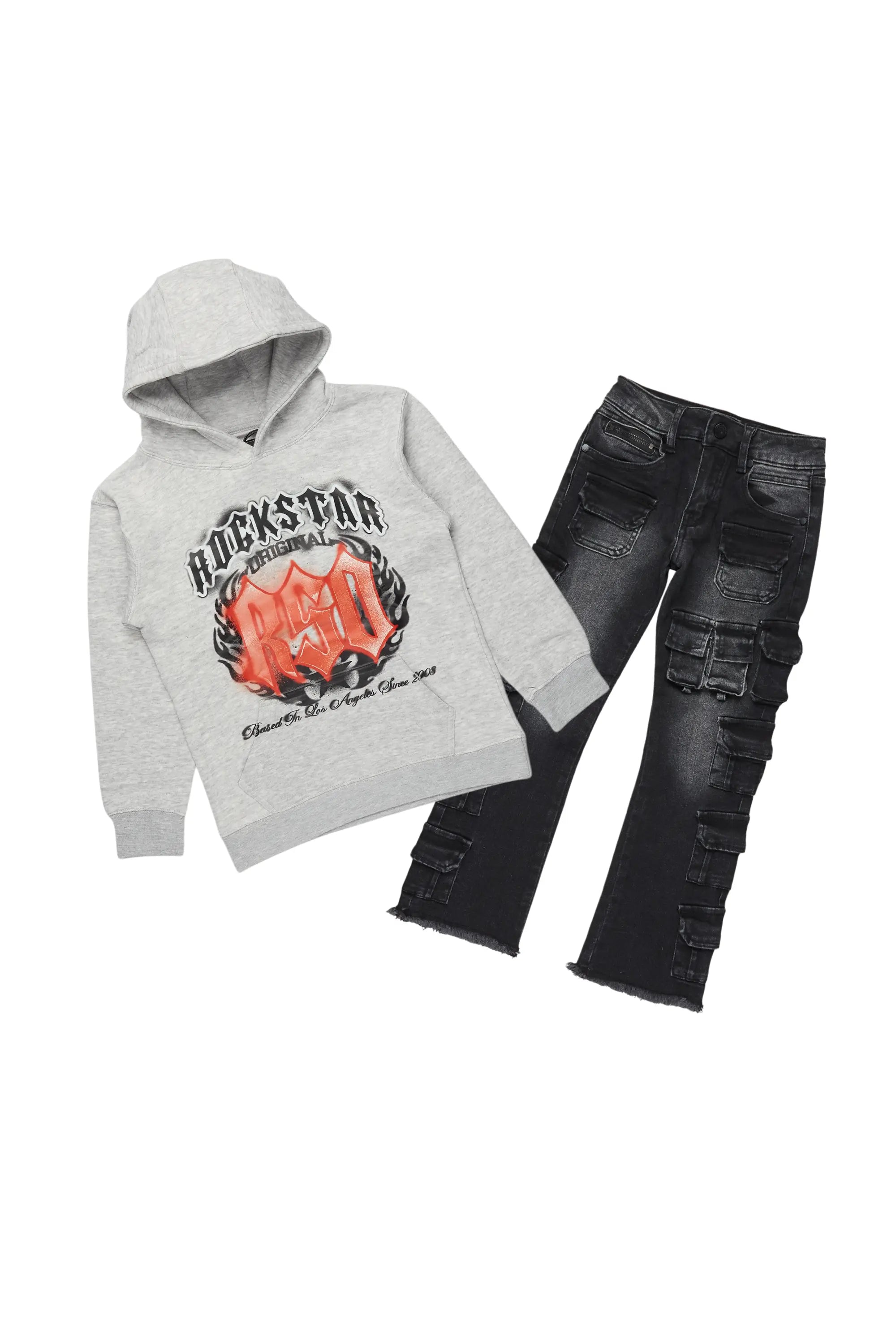 Boys Boaz Heather Grey/Black Hoodie/Stacked Flare Jean Set Trendy Men's Bucket