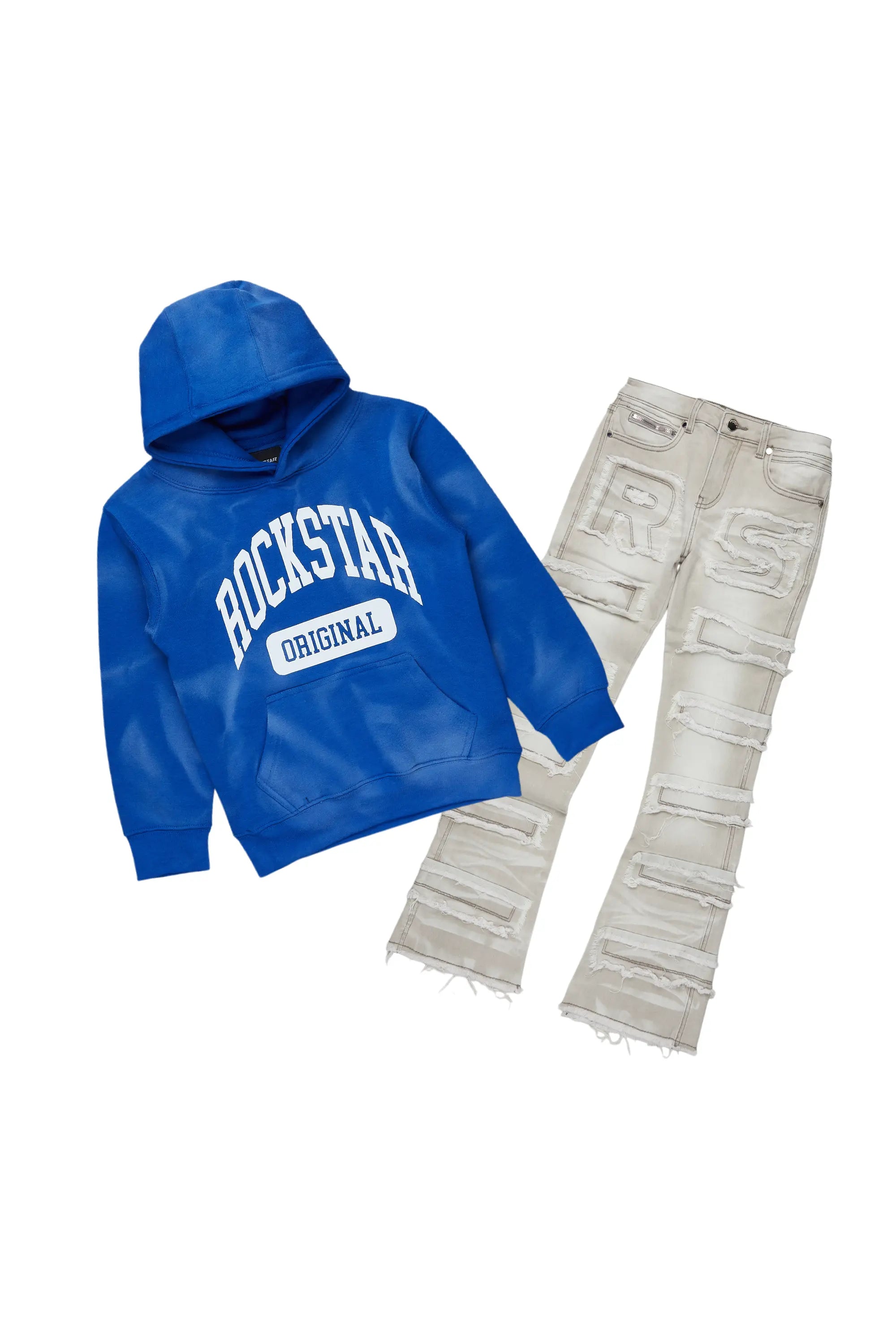 Boys Member Royal/Grey Hoodie/Stacked Flare Jean Set Trendy Men's Scandinavian