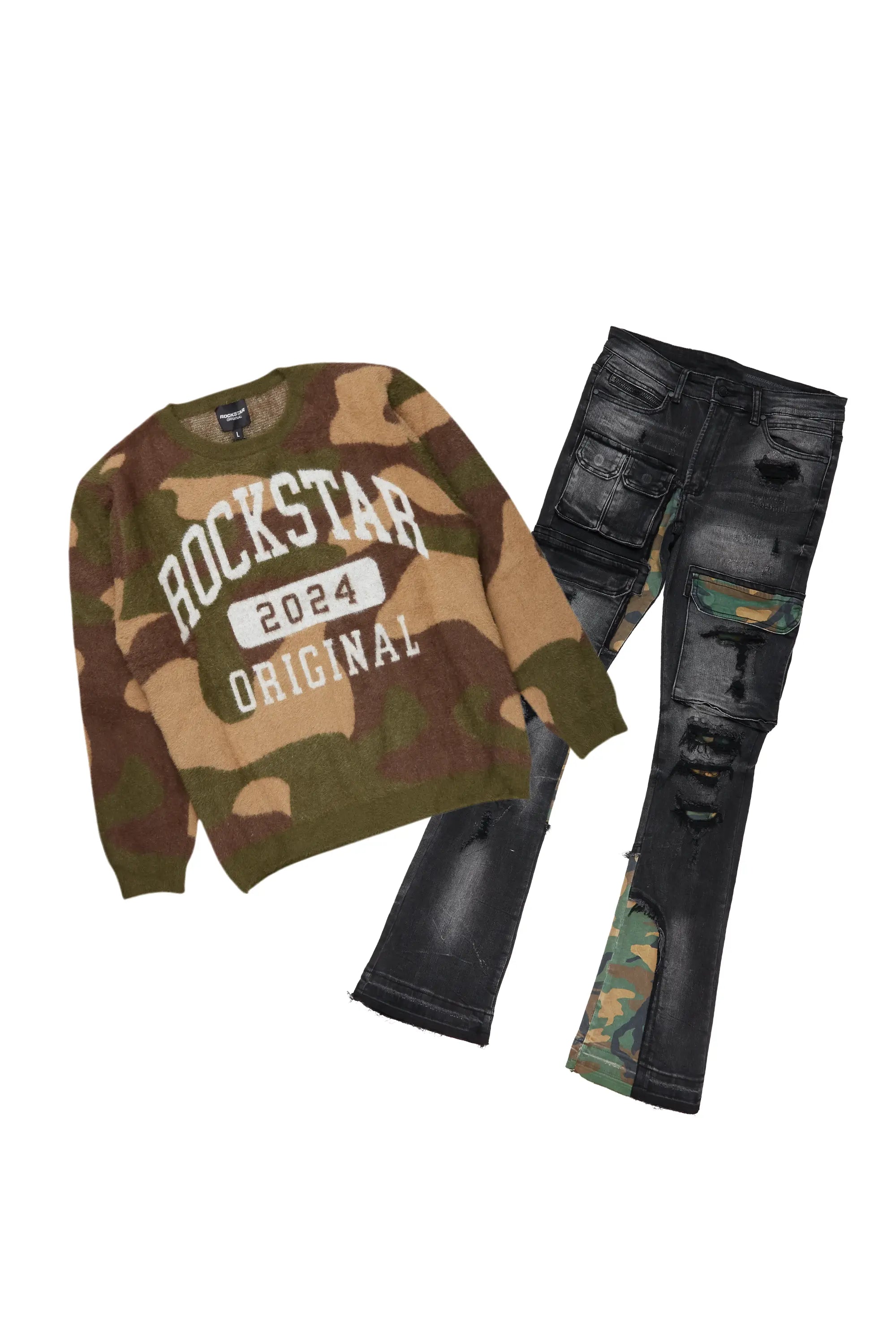 Cavell Camo Knit Sweater & Zeta Stacked Flare Jean Bundle Preppy Men's College