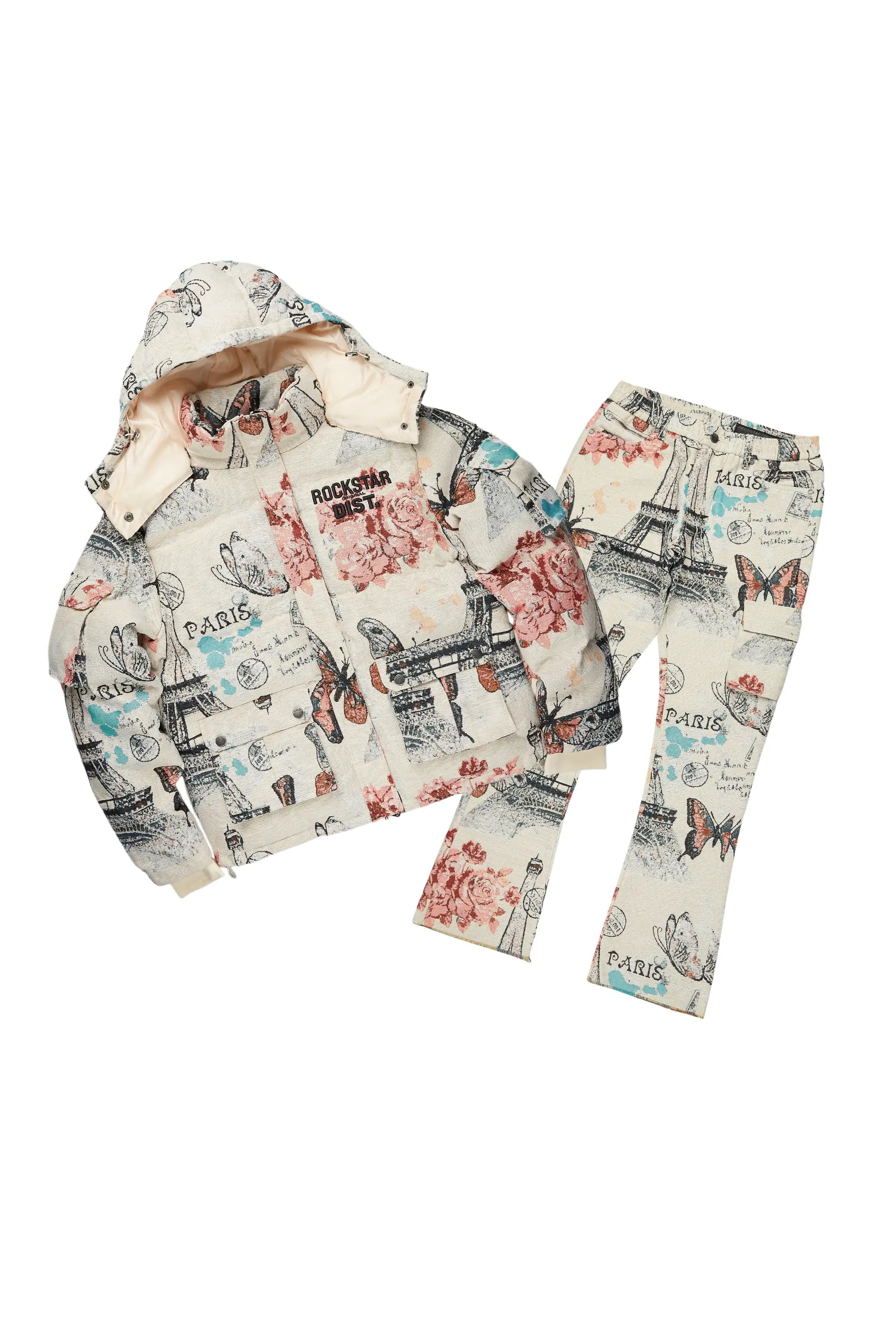 Boys Lamont Beige Multi Tapestry Puffer Jacket/Flare Jean Set Gym