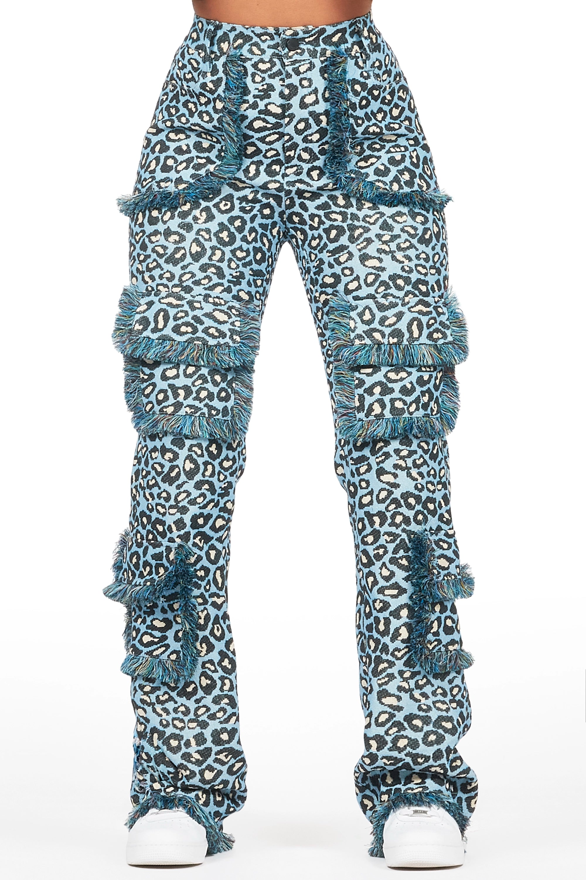 Jelissa Blue Cheetah Tapestry Stacked Pant Preppy Men's College