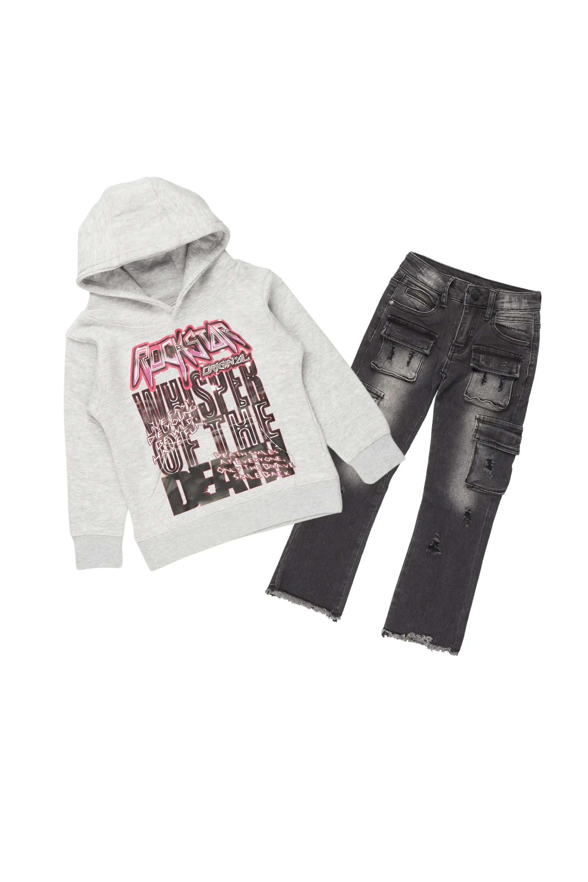 Boys Lachlan Grey/Dark Grey Hoodie/Stack Flare Jean Set Laid