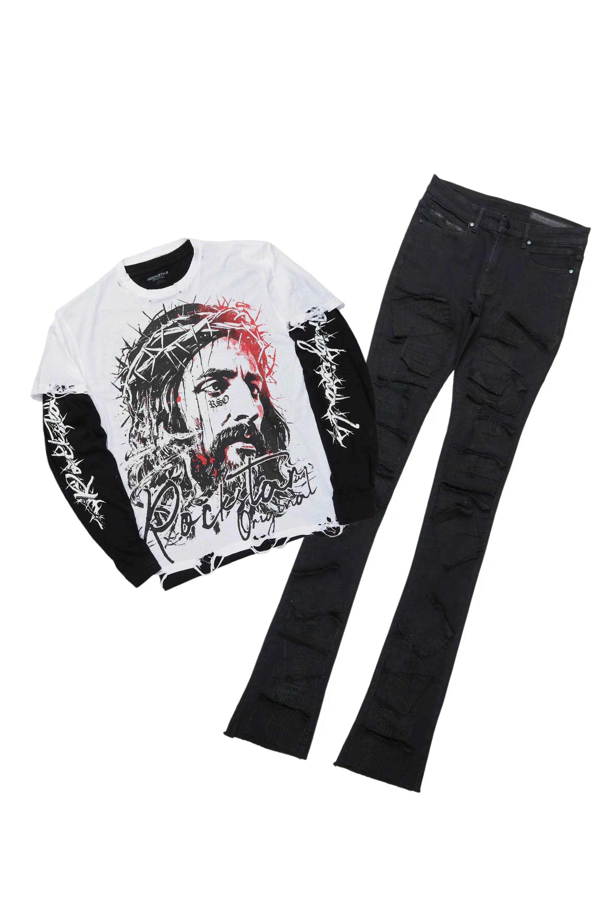 Bedros White/Black Double Layer T-Shirt & Camden Super Stacked Flare Jean Bundle Artistic Men's Avant