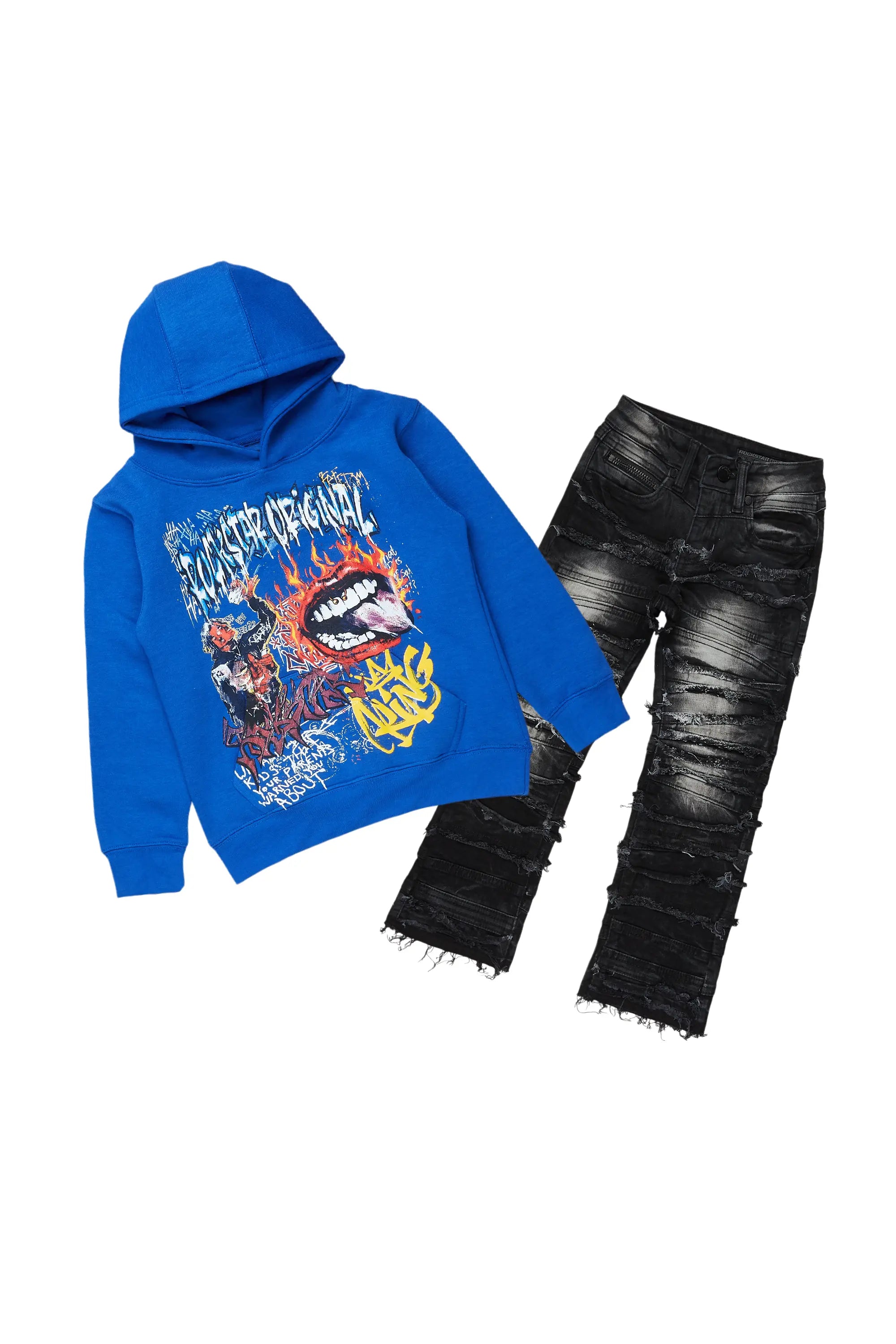 Boys Yooz Royal/Black Hoodie/Stack Flare Jean Set Beach