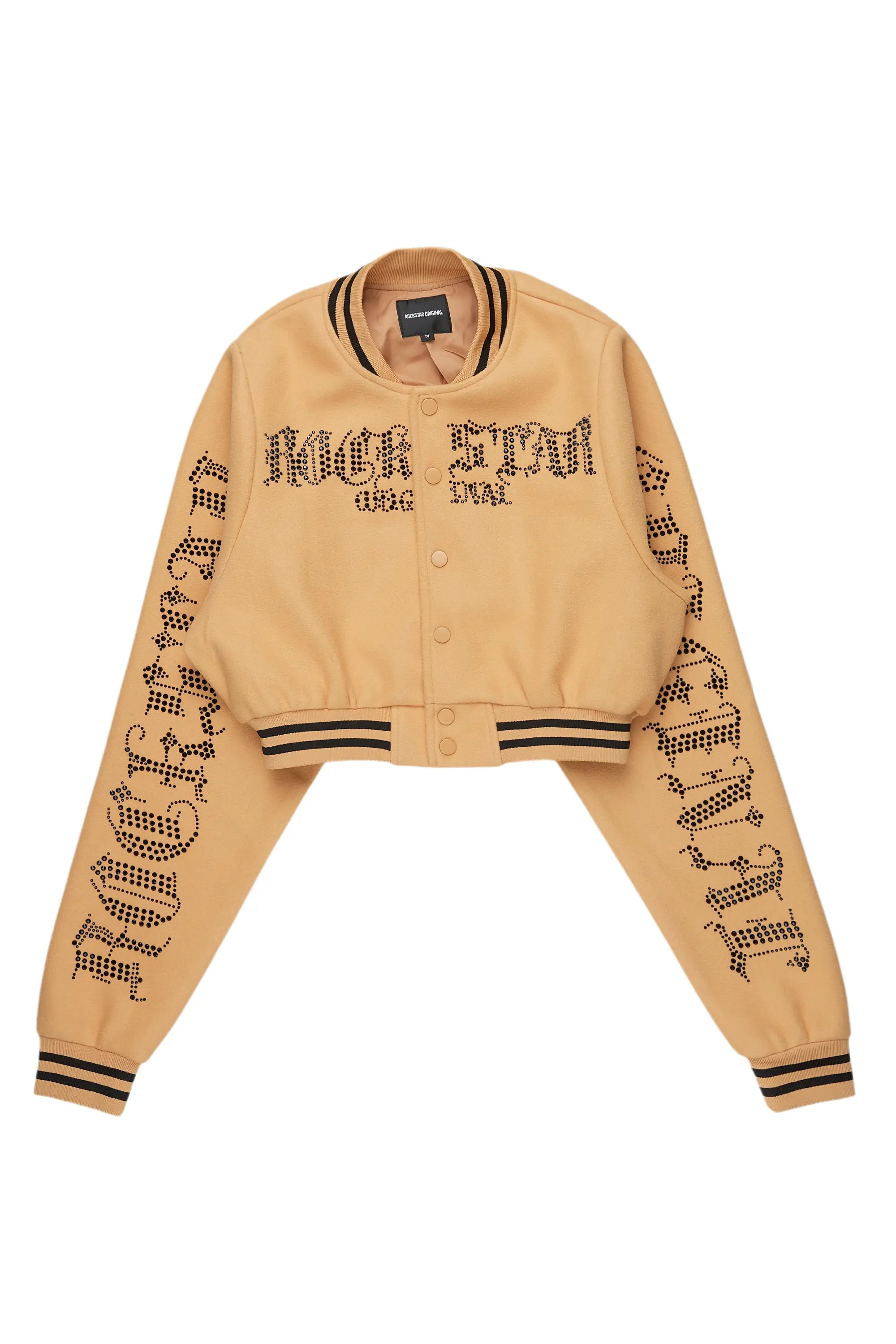 Gianni Tan Crop Rhinestone Varsity Jacket Cool Men's Skate